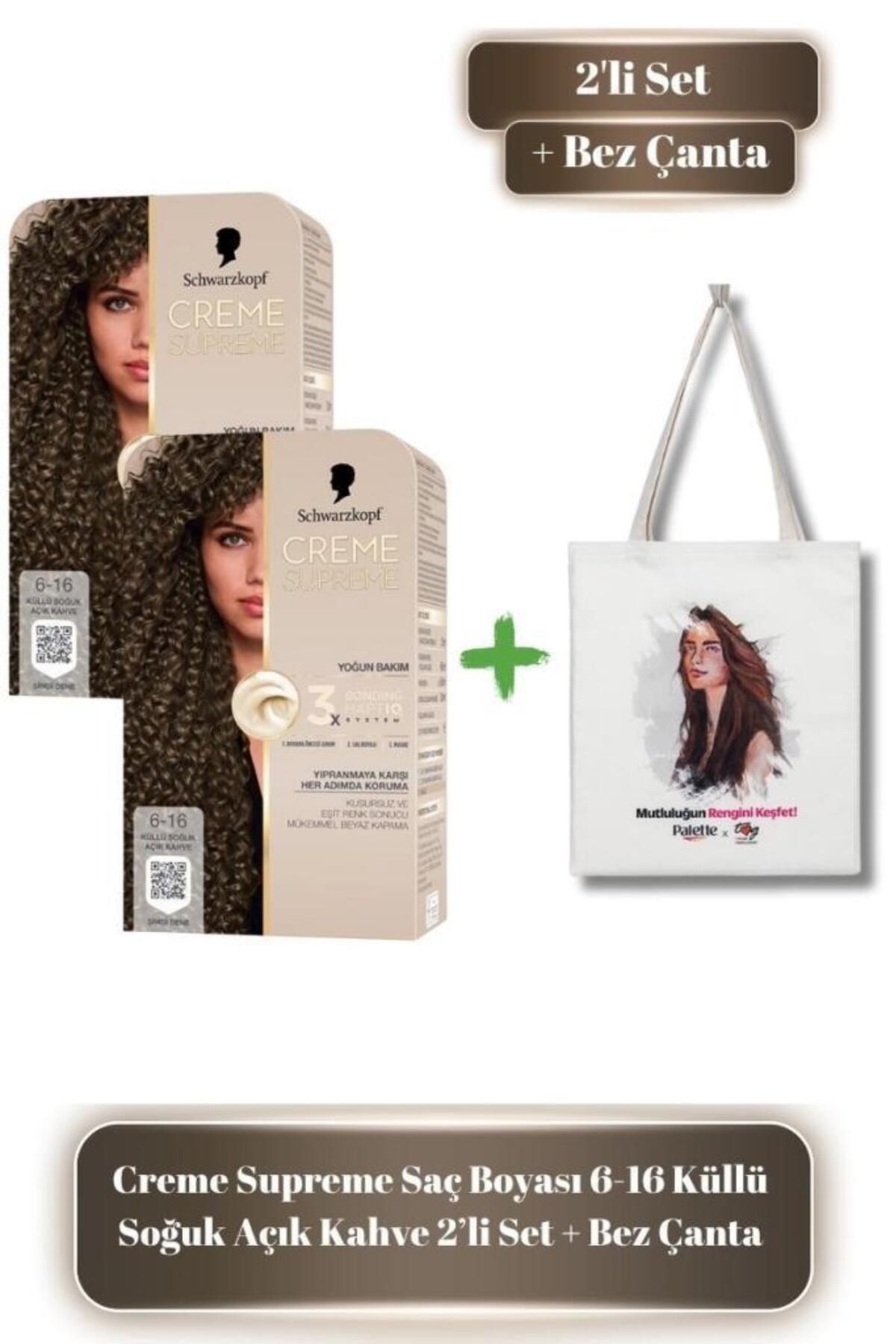 Schwarzkopf Creme Supreme 6-16 Küllü Soğuk Açık Kahve Saç Boyası 2’li Set + Bez Çanta Hediyeli