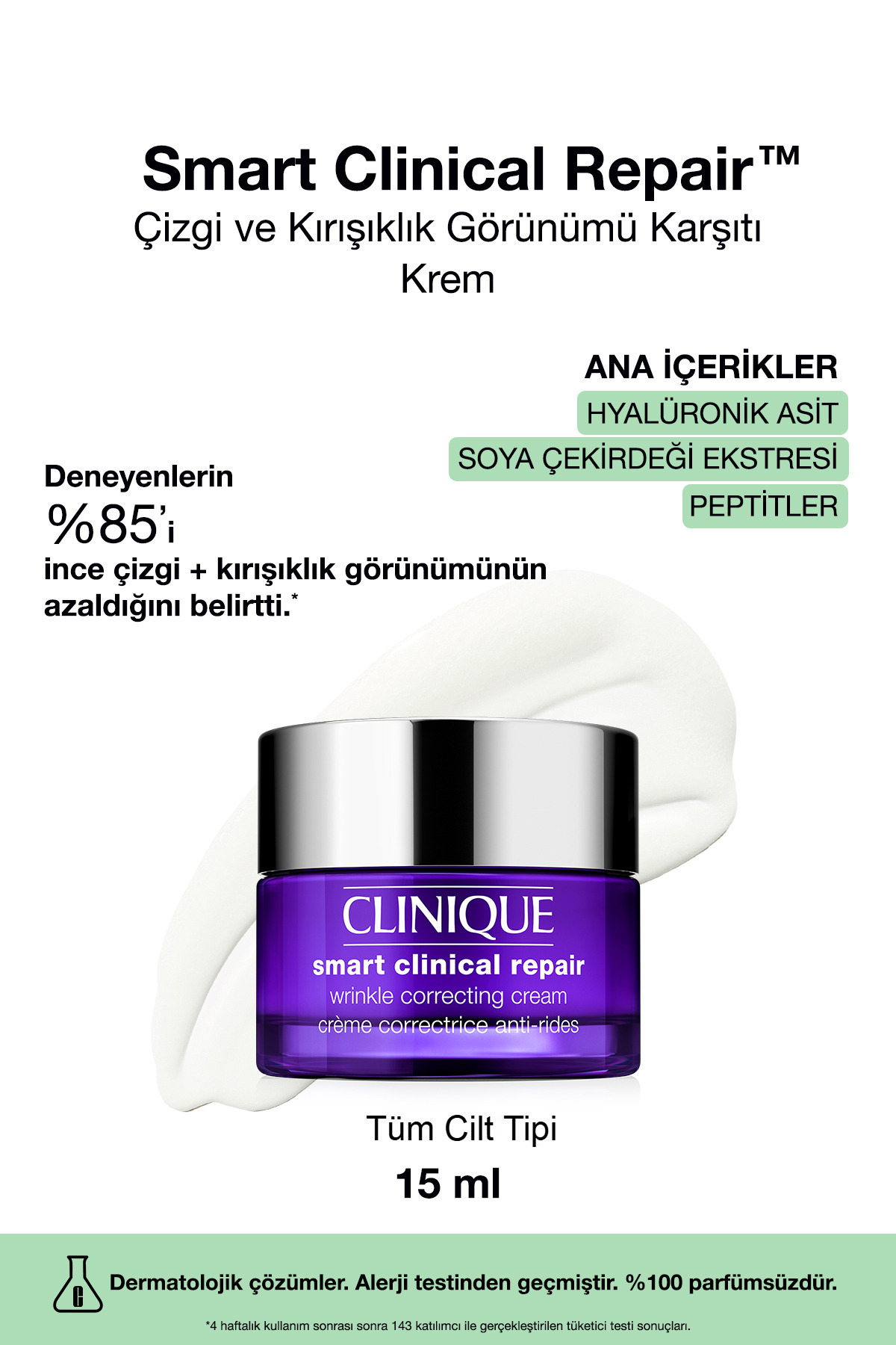 Clinique Smart Clinical Repair™ Çizgi ve Kırışıklık Görünümü Karşıtı Krem 15ml | Hyalüronik Asit, Peptit