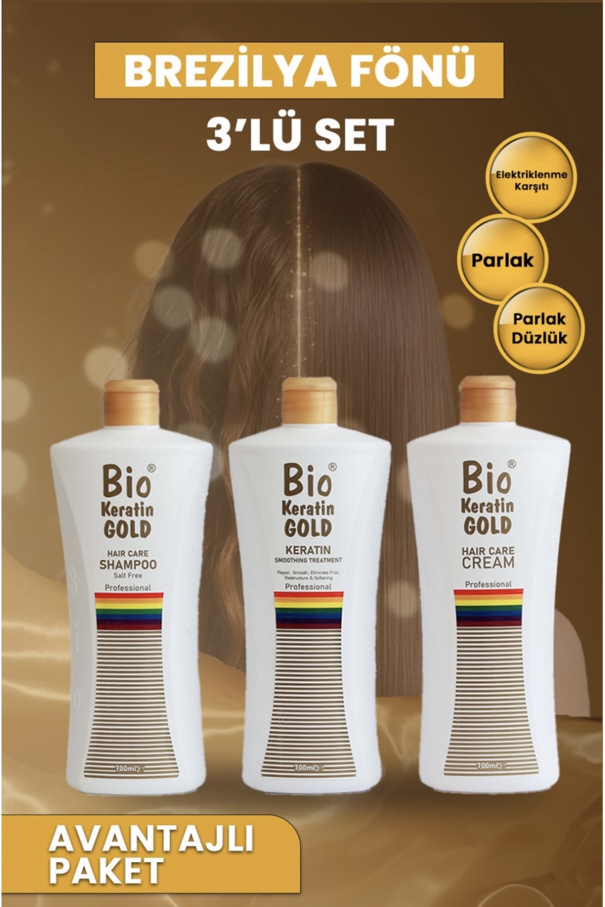 Bio Keratin Gold Brezilya Fönü 3'lü Set - Şampuan + Saç Kremi + Keratin