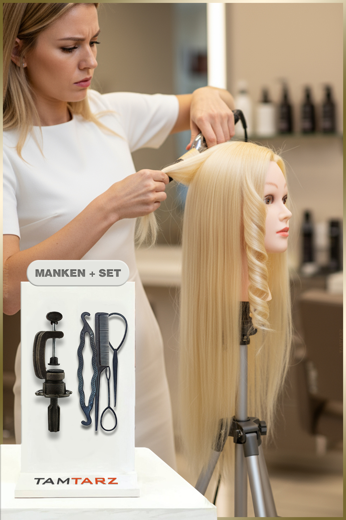 TAM TARZ Kuaför Eğitim Mankeni + Masa Aparatı + Saç Örgü Seti / Platin