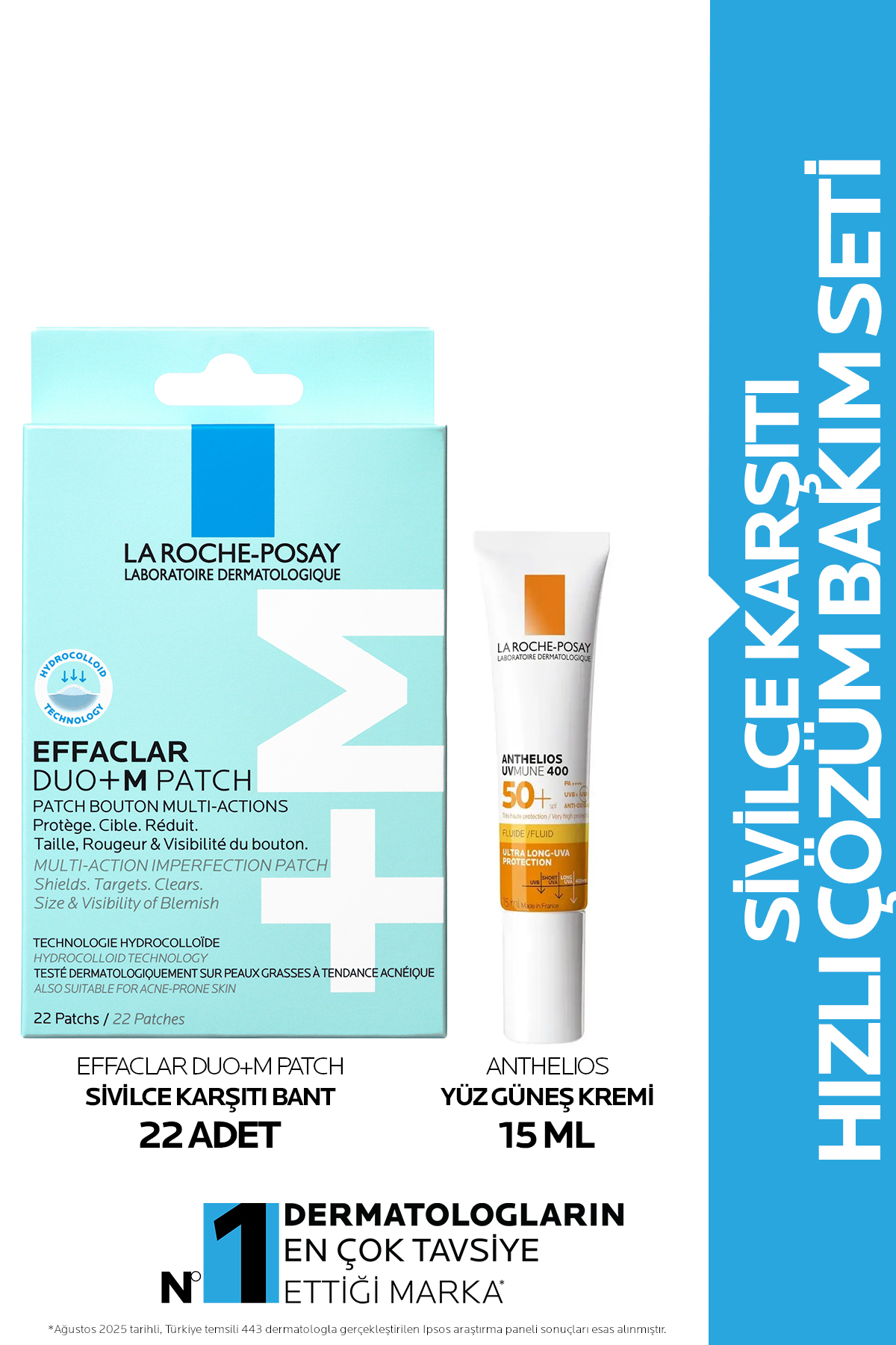 La Roche Posay Sivilce Karşıtı Hızlı Çözüm Seti: Effaclar Duo+M Patch Sivilce Bandı & Yüz Güneş Kremi 15 ml