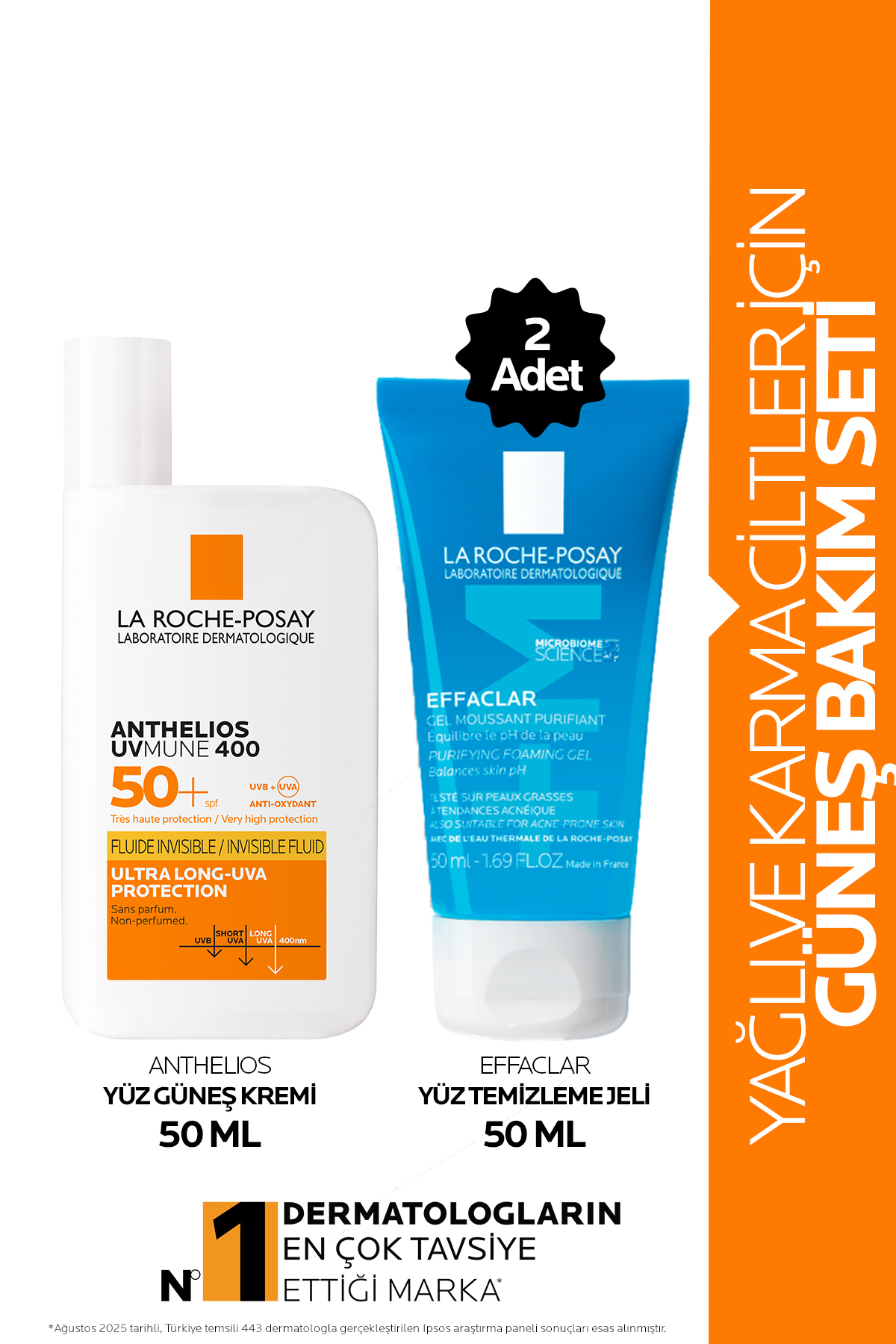 La Roche Posay Güneş Kremi İçeren Cilt Bakım Seti: Effaclar Yüz Temizleme Jeli 50mlx2 & Anthelios Güneş Kremi 50ml