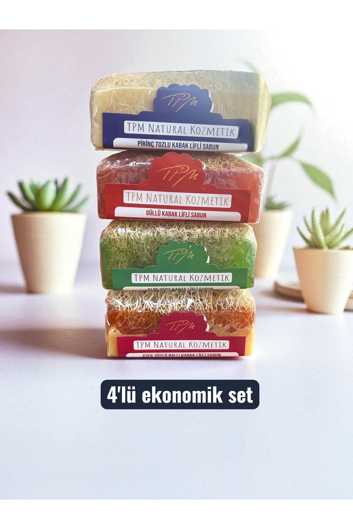 Tpm Doğal El Yapımı Kabak Lifli Sabun 4'1ü Set (Aloevera,eşek sütlü,güllü,pirinçli) 440 Gram