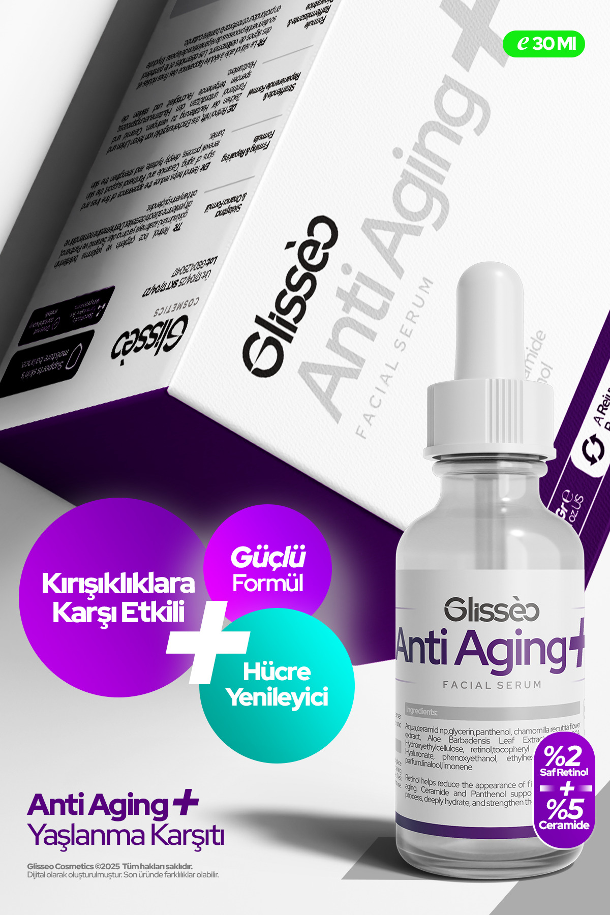 Glisseo Antiaging %2 Retinol %5 Seramid Katkılı Kırışıklıklara Karşıt & Cilt Onarıcı Bakım Yüz Serumu 30 ml