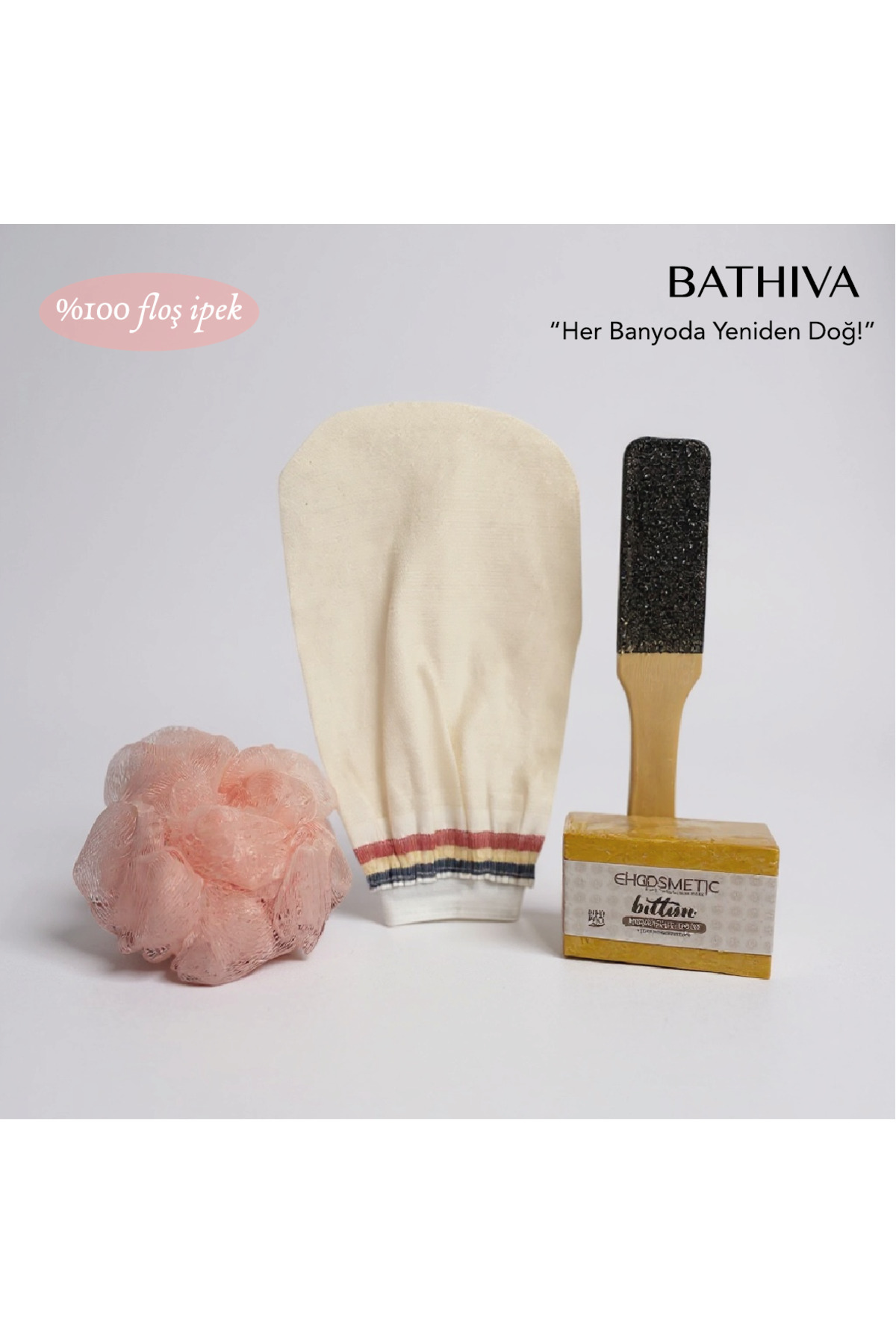 bathiva 4'lü %100 Floş İpek Banyo Kese Peeling Eldiveni, Doğal Bıttım Sabunu, Top Lif, Topuk Törpüsü