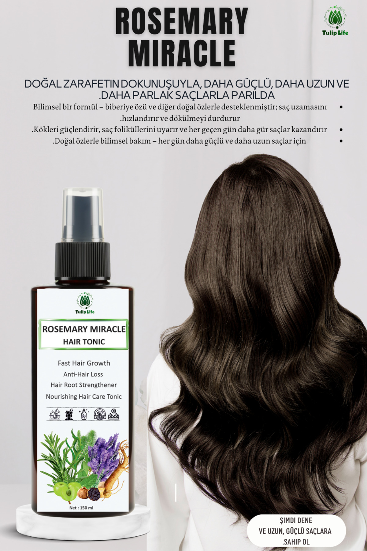 tulip life Yoğun Parlaklık Ve Hızlı Saç Uzatma Etkili Rosemary ,Ginseng , Ginger ,Spirulina,Amla Tonik 150 ml