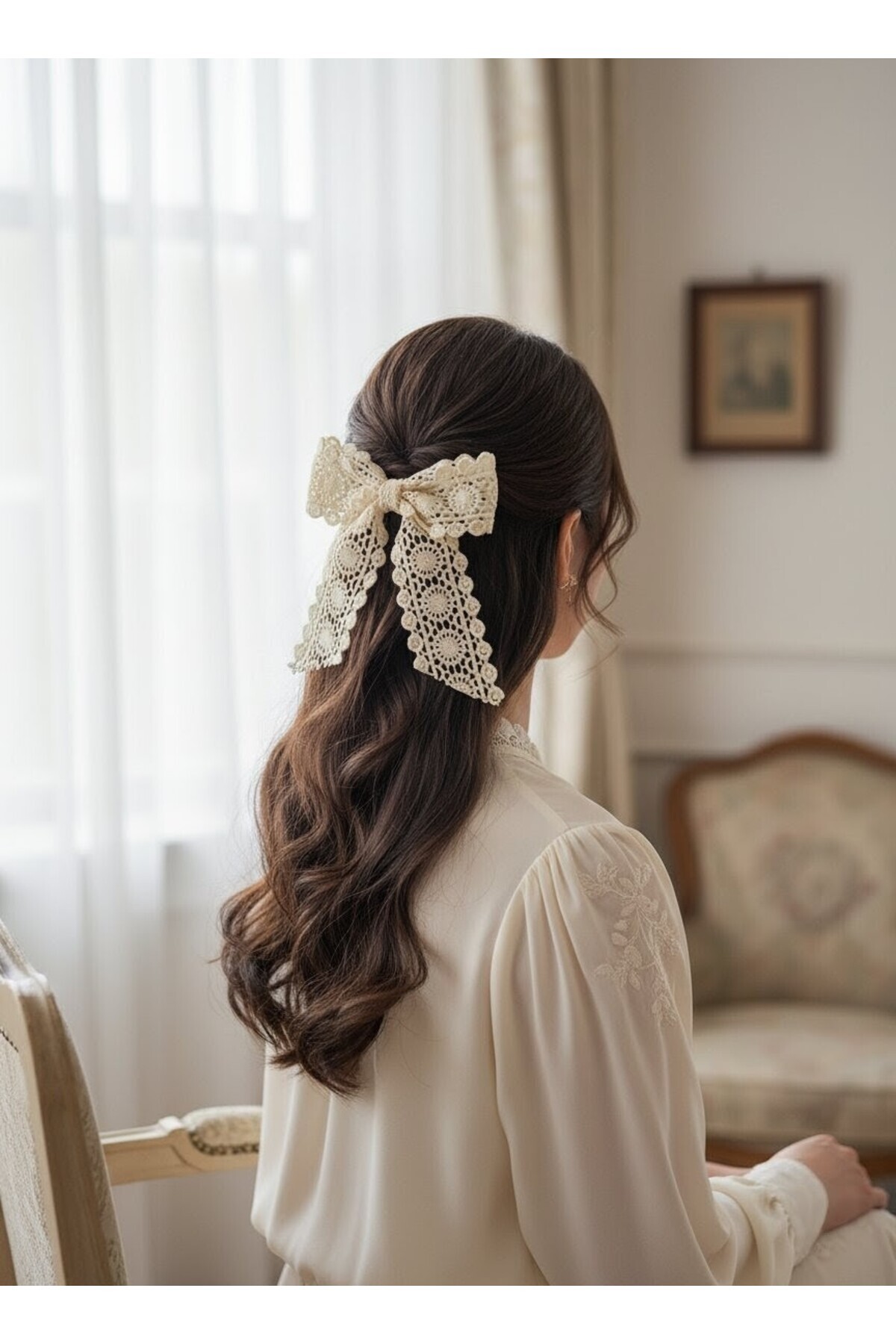 UniqueHandMade El Yapımı Romantik Kadın Krem Dantel Otomatik Fiyonk Toka