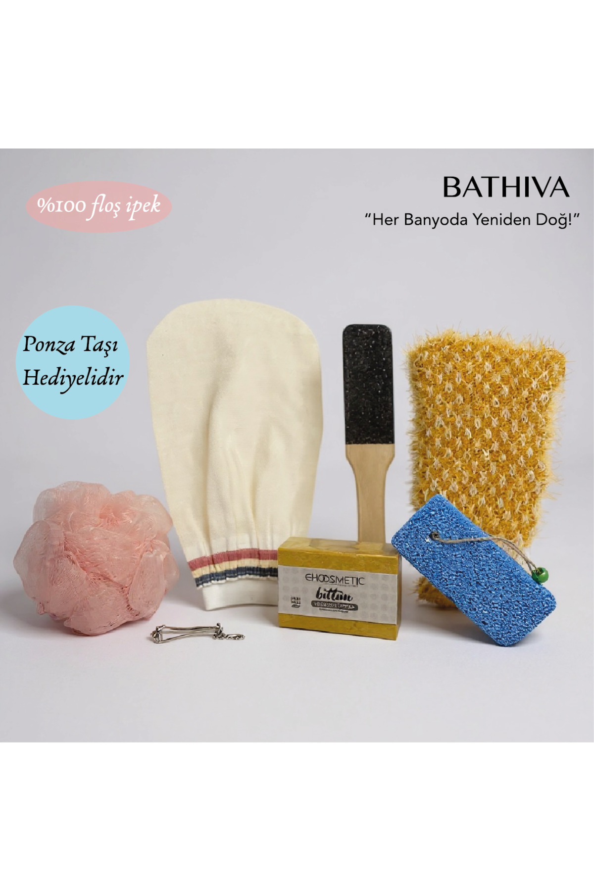 bathiva 7'li %100 Floş İpek Banyo Kese , Bıttım Sabun, Örgü Lif, Topuk Törpü, Top Lif, Tırnak Makası