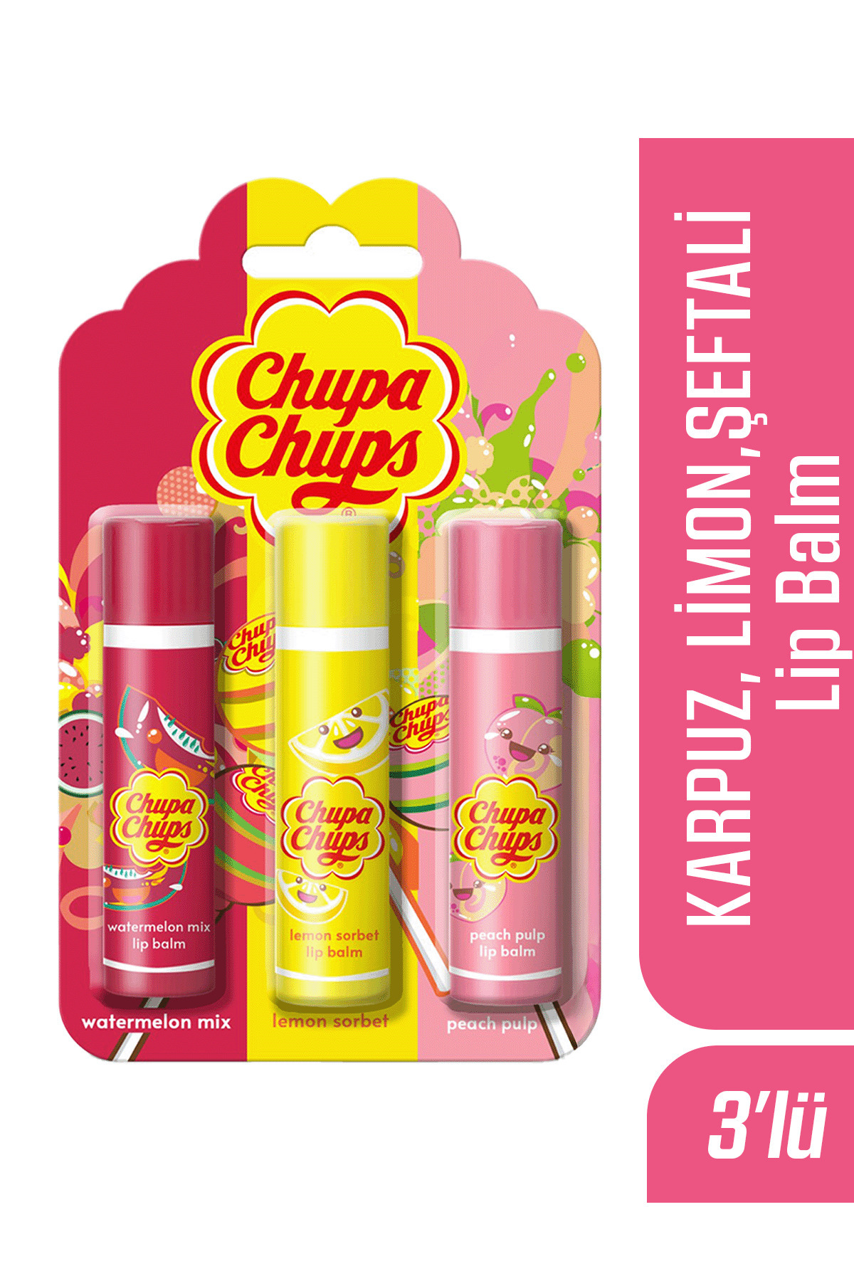 Chupa Chups Lip Balm Dudak Bakım Kremi 4gr Karpuz Şeftali Limon 3lü