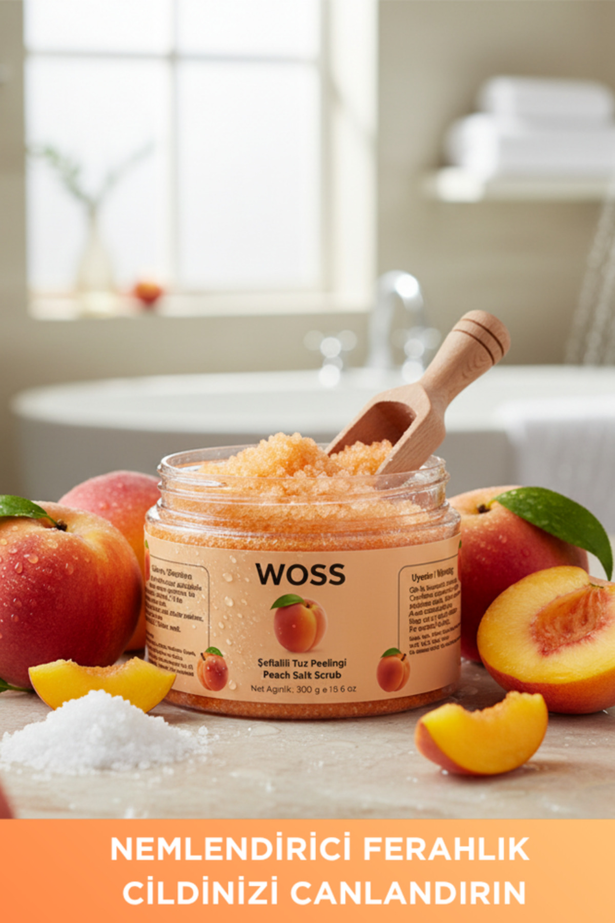 Woss Şeftalili Tuz Peeling 300 g – Cildi Arındıran ve Yumuşatan Vücut Peelingi