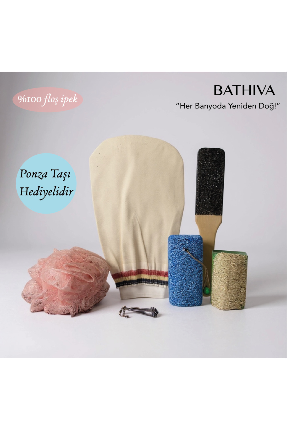 bathiva 6'lı %100 Floş İpek Banyo Kese, Kabak Lif Aloe Vera Sabun, Lif, Topuk Törpüsü, Tırnak Makası