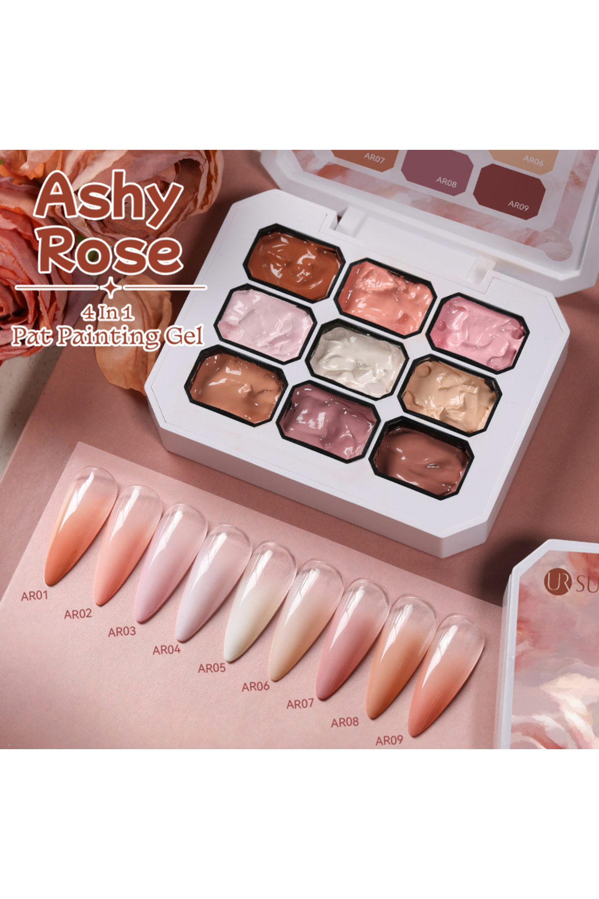 Born Pretty UR Sugar Ashy Rose 4 in 1 Pat Painting Gel/Gülpembe 4in1 Çizim-Ombre Paleti(9Renk)