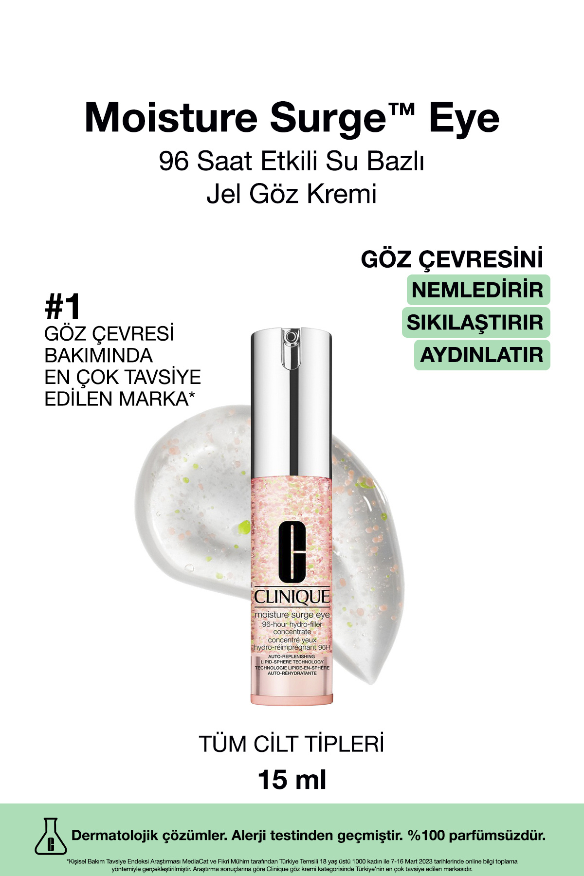 Clinique Moisture Surge Eye™ 96 Saat Nem Koruma Teknolojili Göz Kremi 15ml | Ultra-hafif, Su Bazlı Yoğun Jel