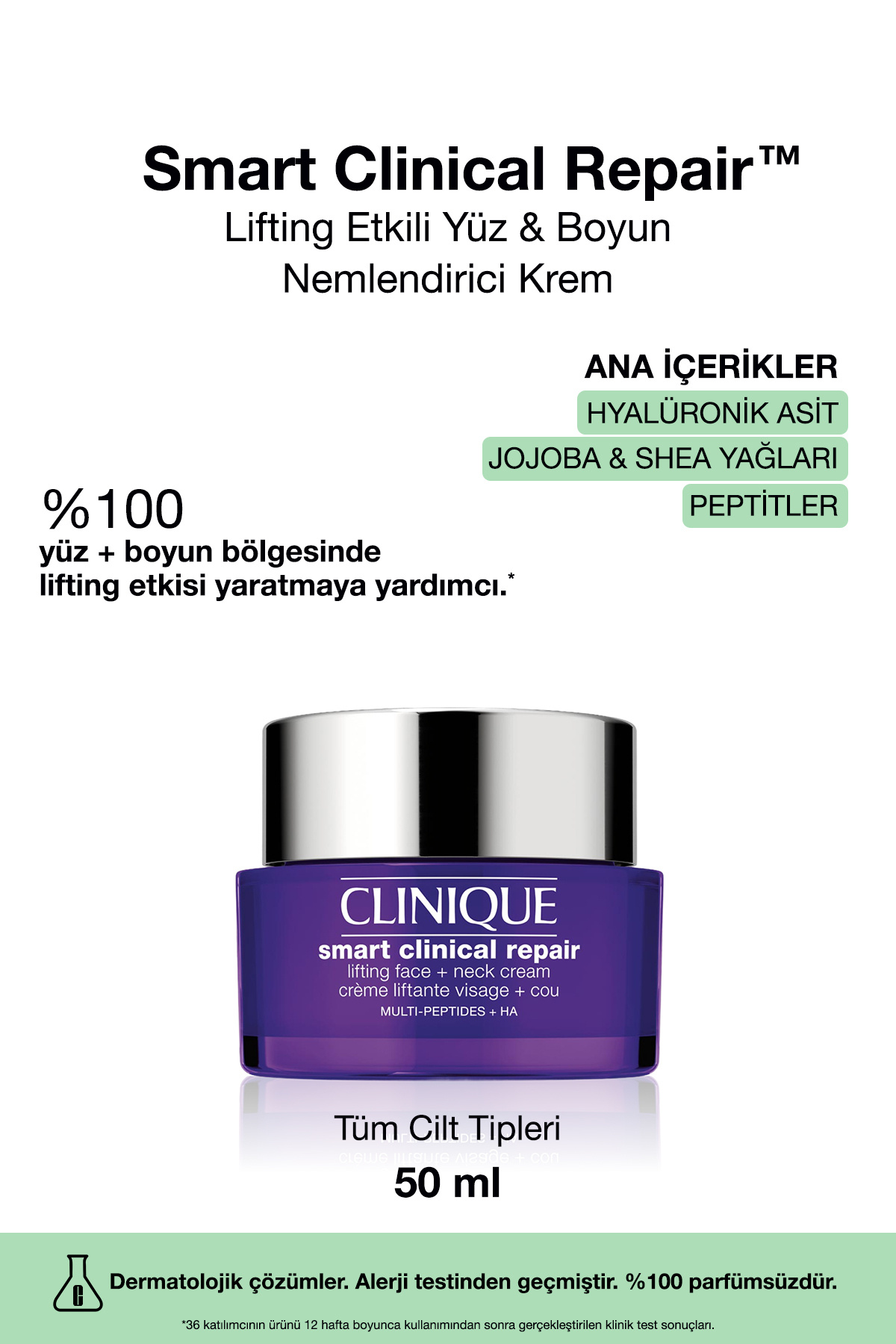 Clinique Smart Clinical Repair™ Lifting Etkili Yüz Ve Boyun Nemlendirici Krem 50ml | Hyalüronik Asit, Peptit