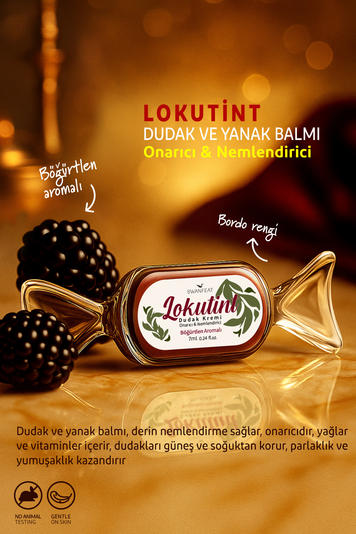 SWANFEAT Lip Balm, Onarıcı, Nemlendirici, Shea Butter & Jojoba Oil, Hafif Bordo Işıltı 7ml