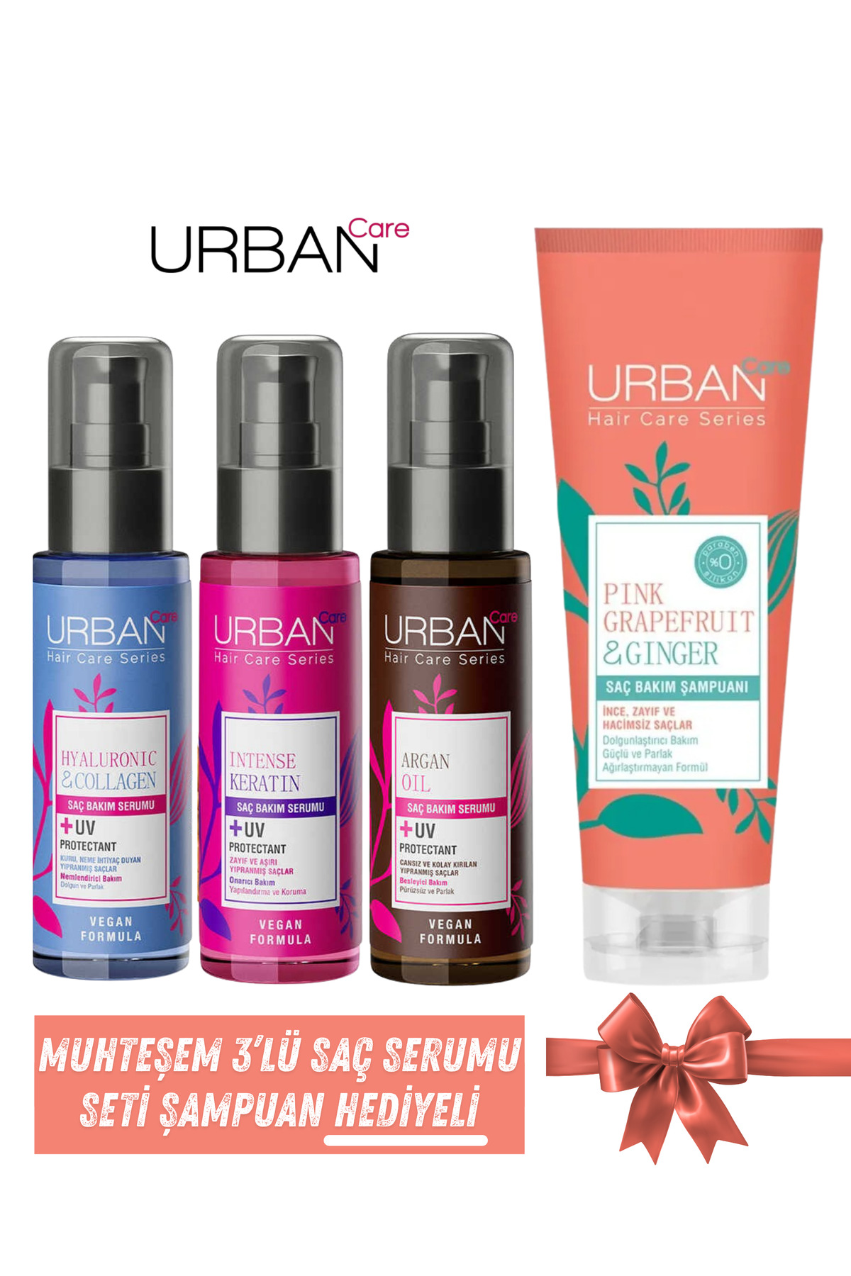 Urban Care Saç Bakım Seti Muhteşem 4'lü - Intense + Argan + Hyaluronic Serum 75 m X 3 + Şampuan 250m