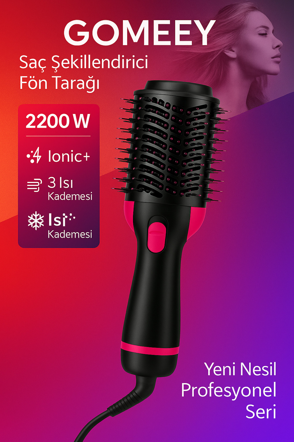 GOMEEY 2200W Profesyonel Saç Şekillendirici Fön Tarağı | Ionic+ Teknoloji, 3 Isı Kademesi