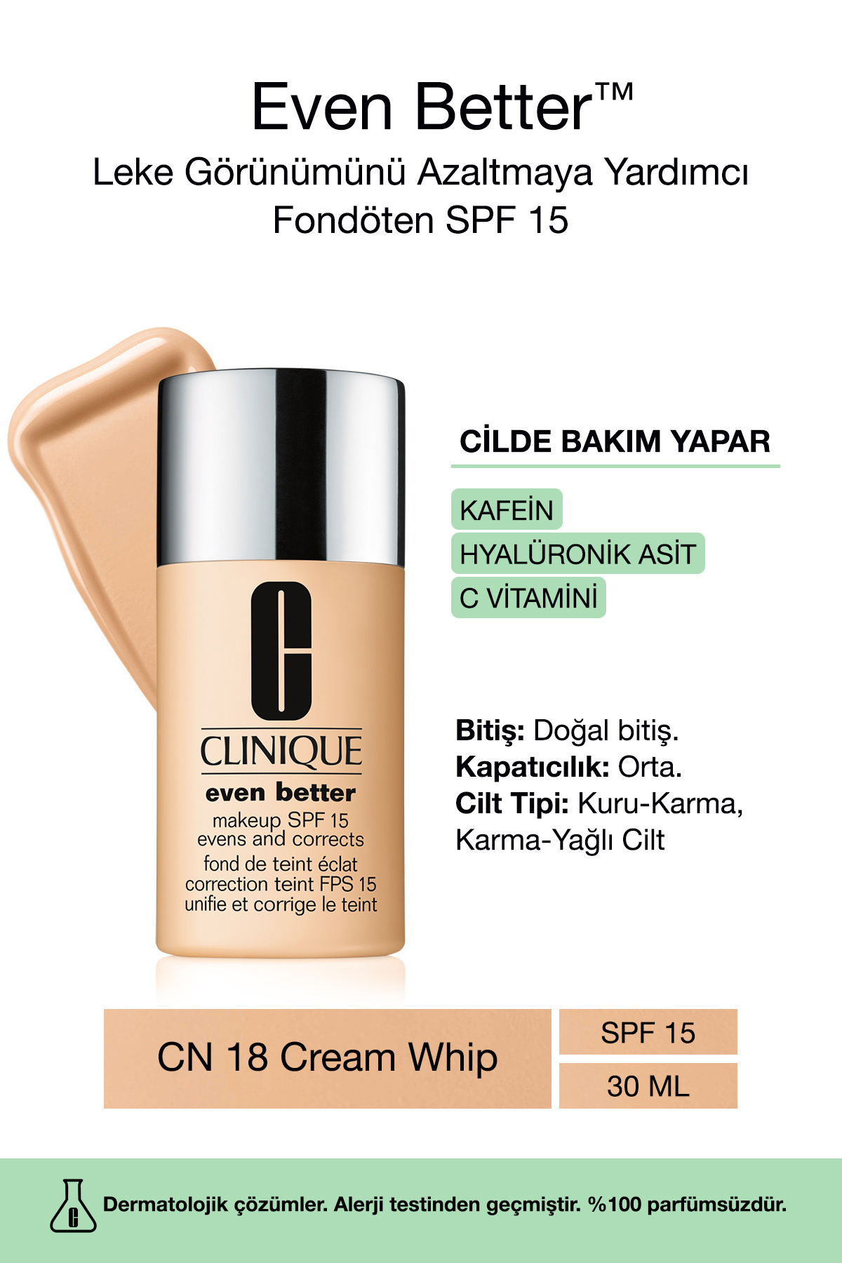 Clinique Even Better™ Doğal Bitişli Fondöten Spf 15 - Renk: Cn 18 Cream Whip 30ml | C Vitamini