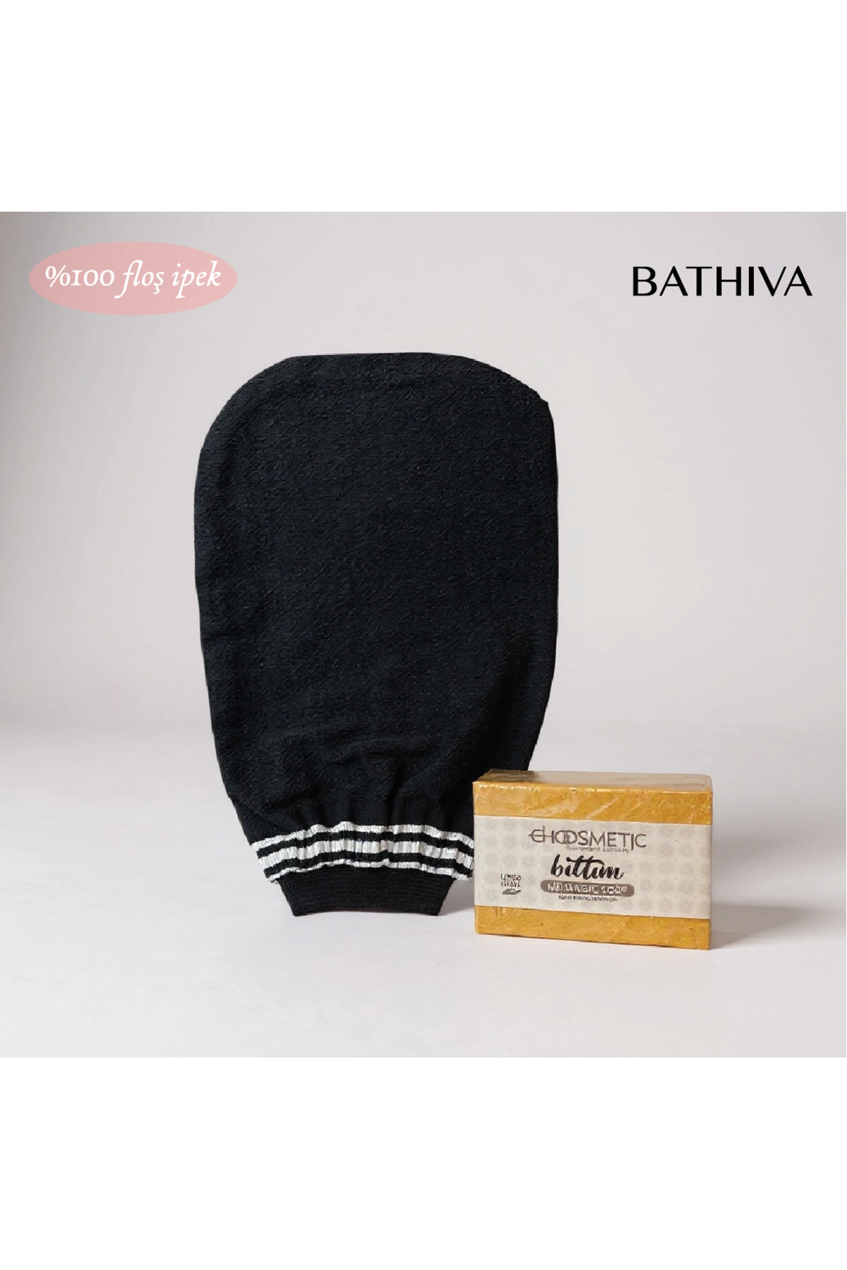 bathiva Siyah Banyo Kesesi Peeling Eldiveni (%100 Floş İpek), Doğal Bıttım Sabunu