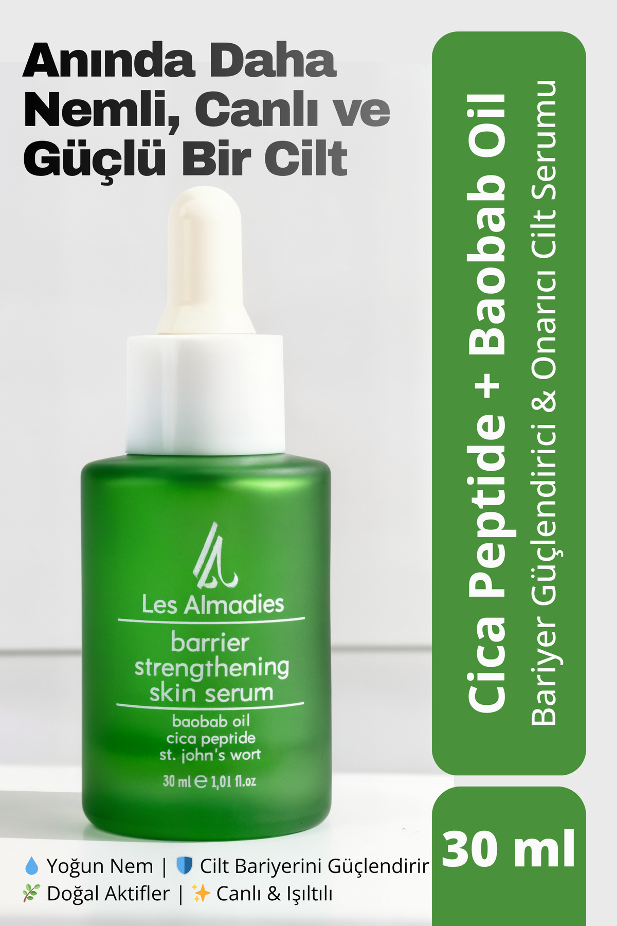 Les Almadies Bariyer Güçlendirici ve Nemlendirici Cilt Serumu 30 ml (Cica Peptit + Baobab Yağı)