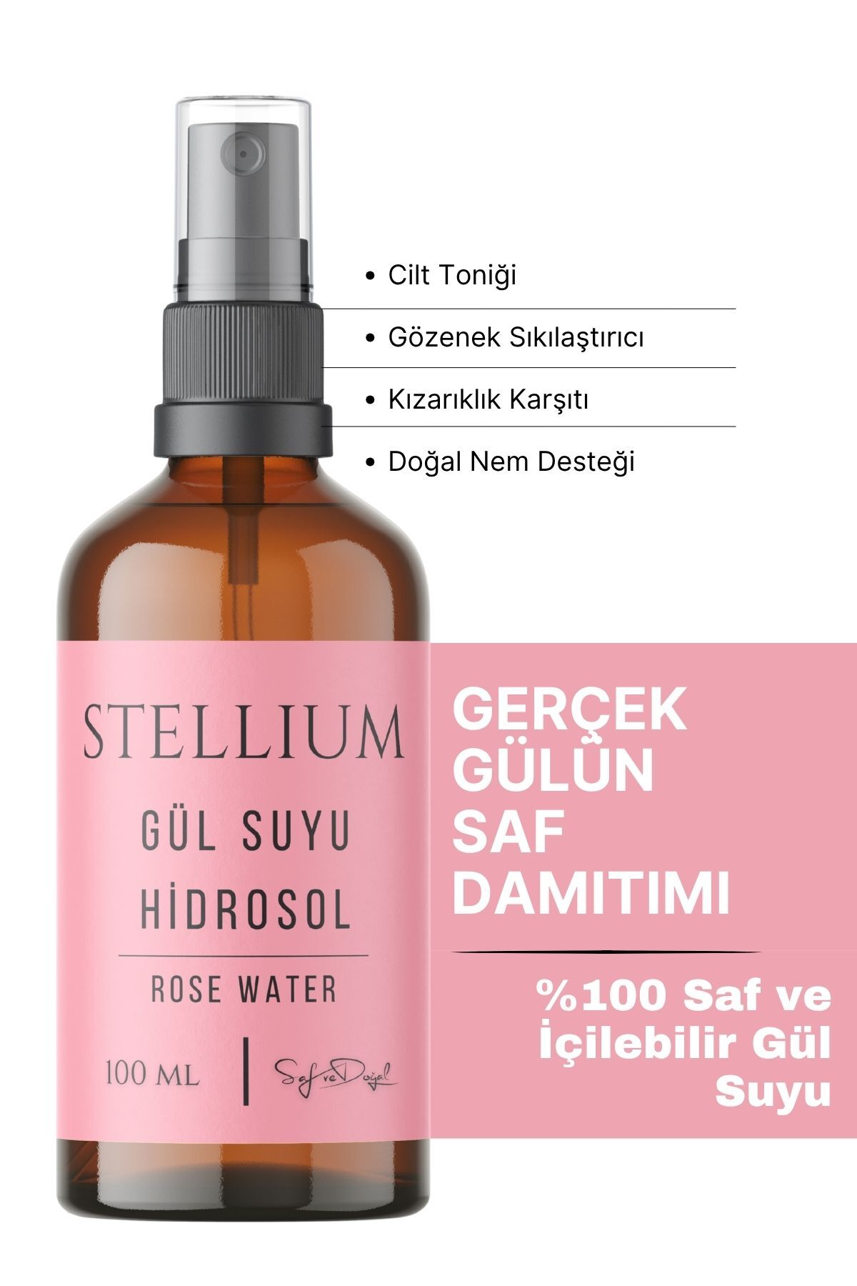 STELLIUM Saf Gül Suyu | Gıda Uyumlu %100 Doğal Cilt Toniği | Buhar Distilasyonu Hidrosol 100 ML