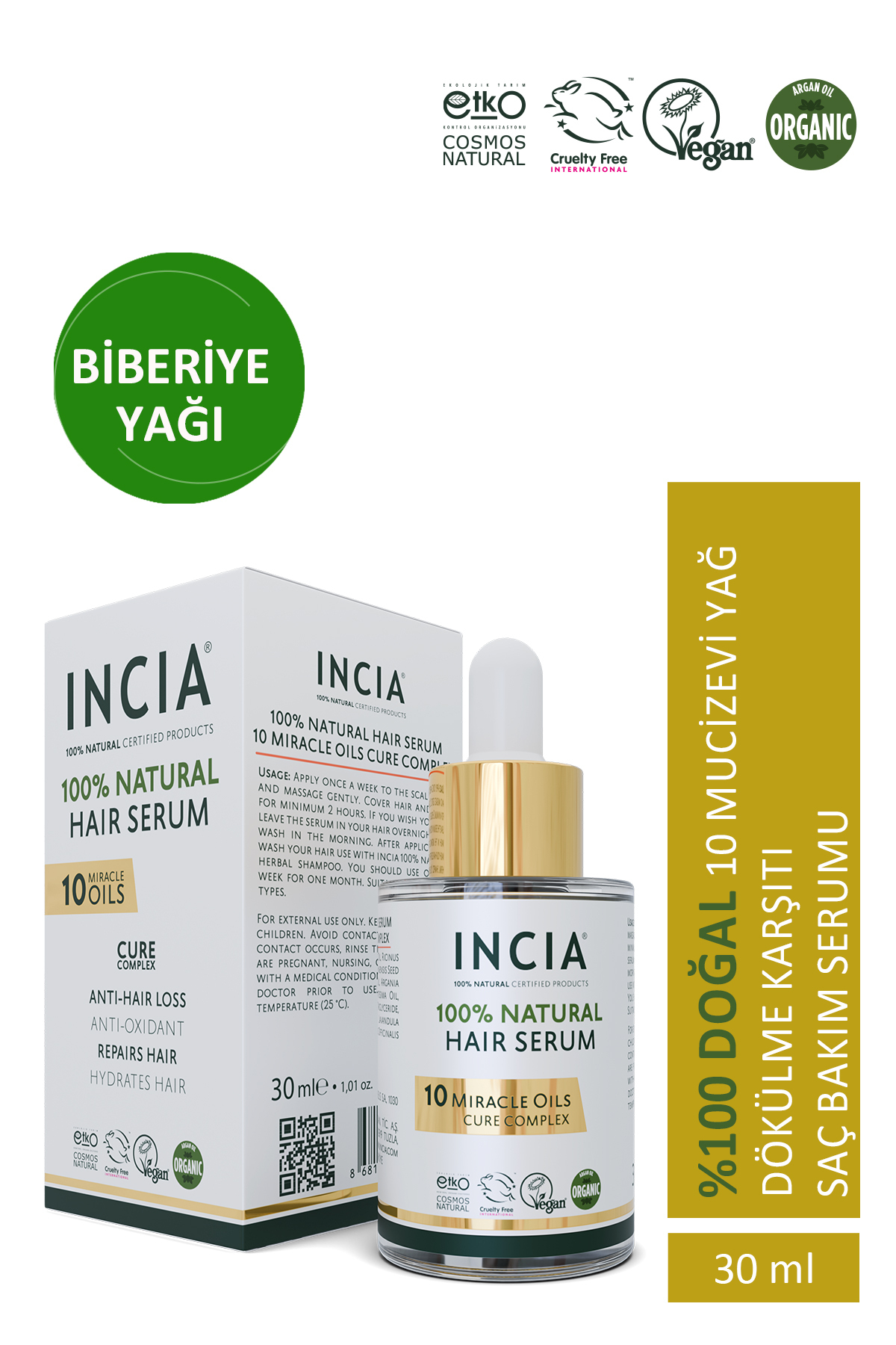 Incia %100 Doğal Saç Bakım Serumu Biberiye Yağlı Saç Dökülmesi Önleyici Antioksidan 10 Değerli Yağ 30 ml