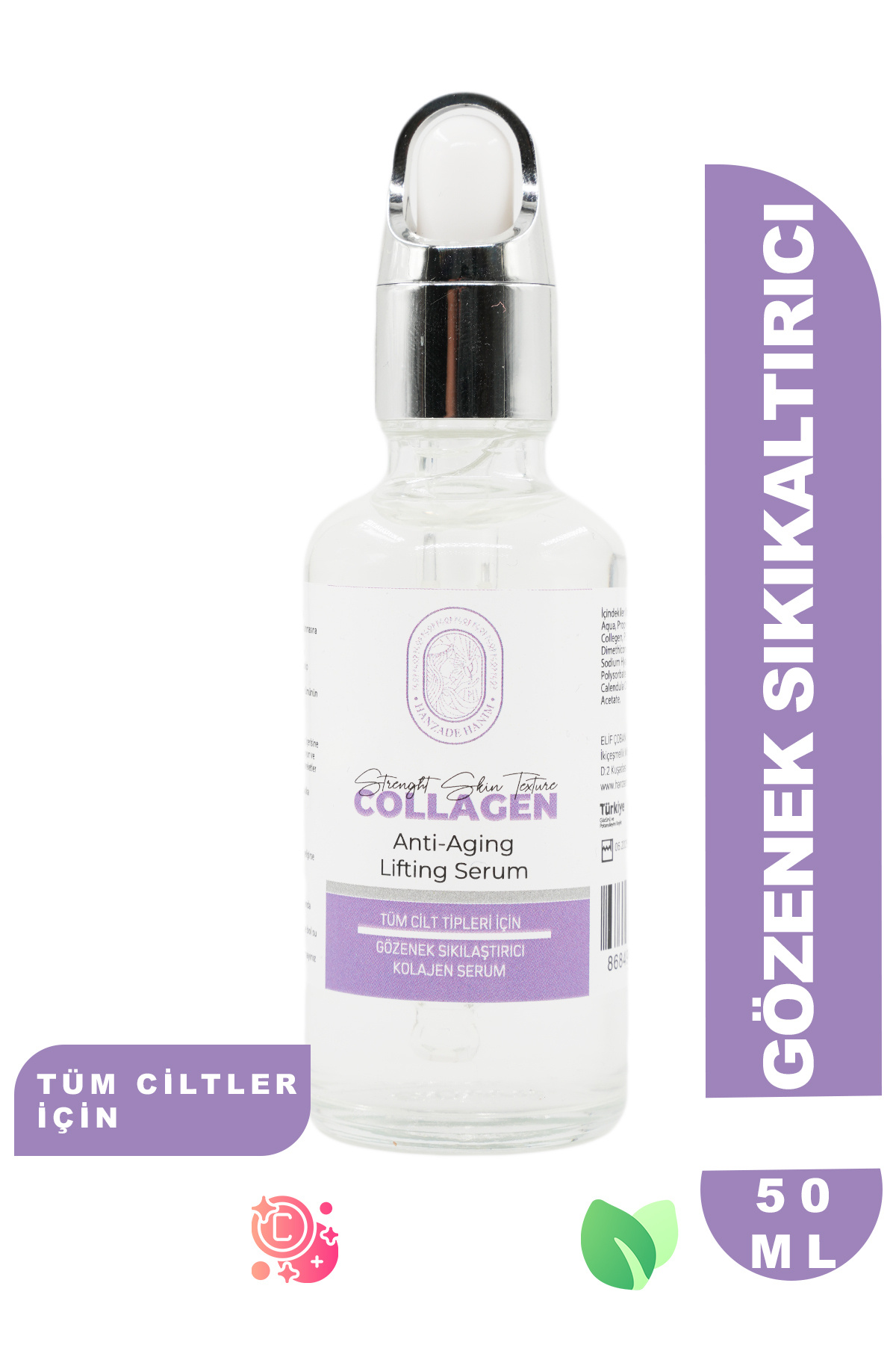HANZADE HANIM Gözenek Karşıtı Kolejen Serum, Hyaluronic Acid, Vitamin B5, Vitamin C, Calendula 50 ml