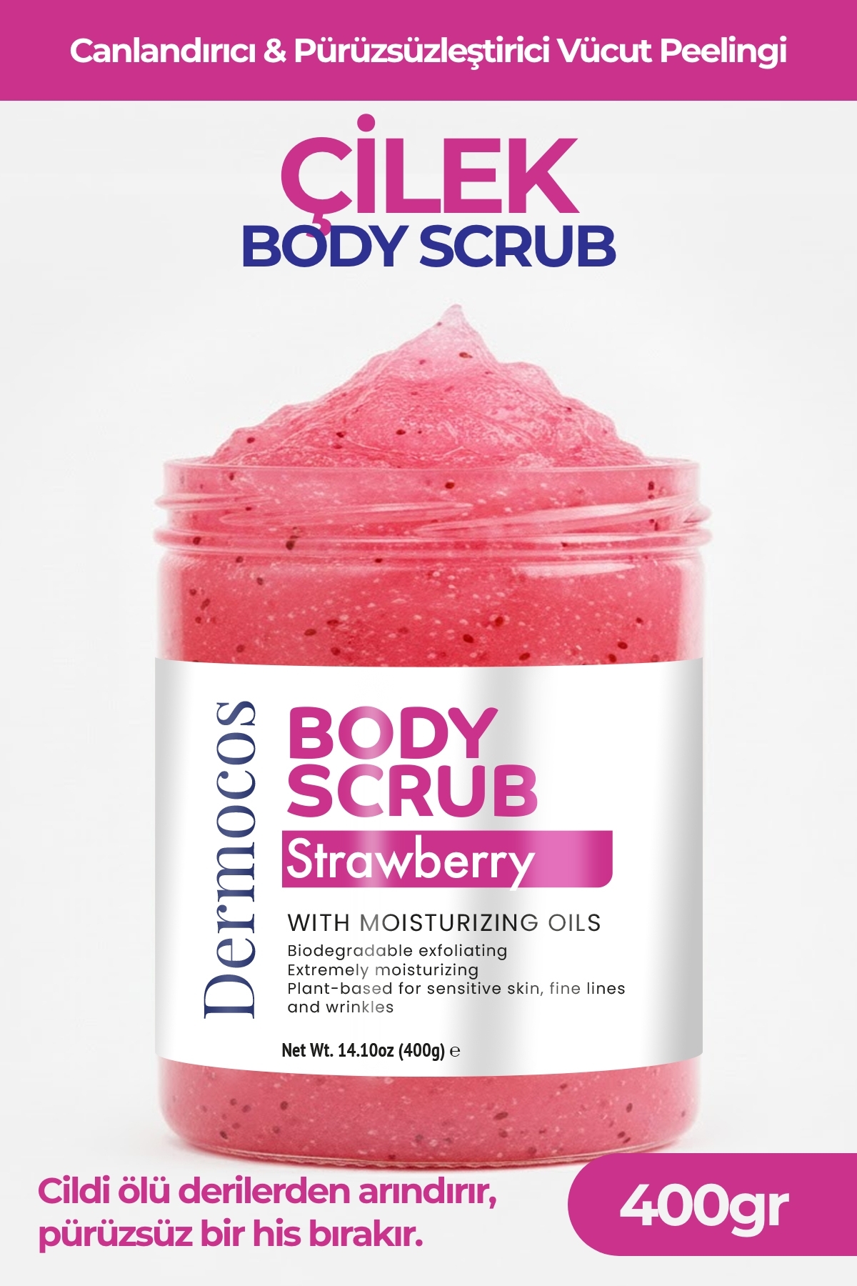 Dermocos Çilek Body Scrub 400g– Cildi Arındıran, Nemlendirici ve Aydınlatıcı Tuzlu Vücut Peelingi