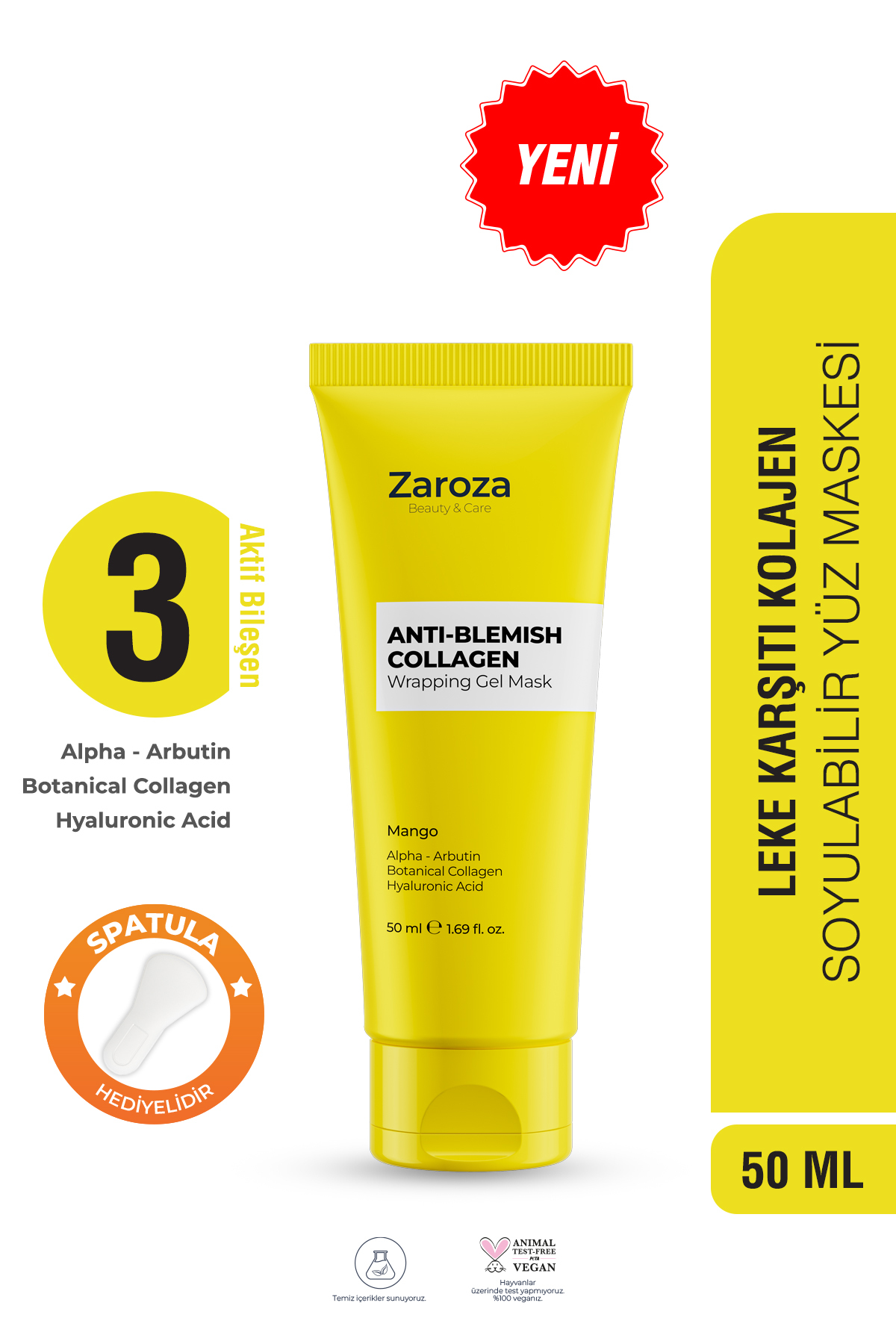 ZAROZA Leke Karşıtı Kolajen Cam Maske - Arbutin, Hyaluronik Asit, Soyulabilir Jel Yüz Maskesi, Mango, 50 ml