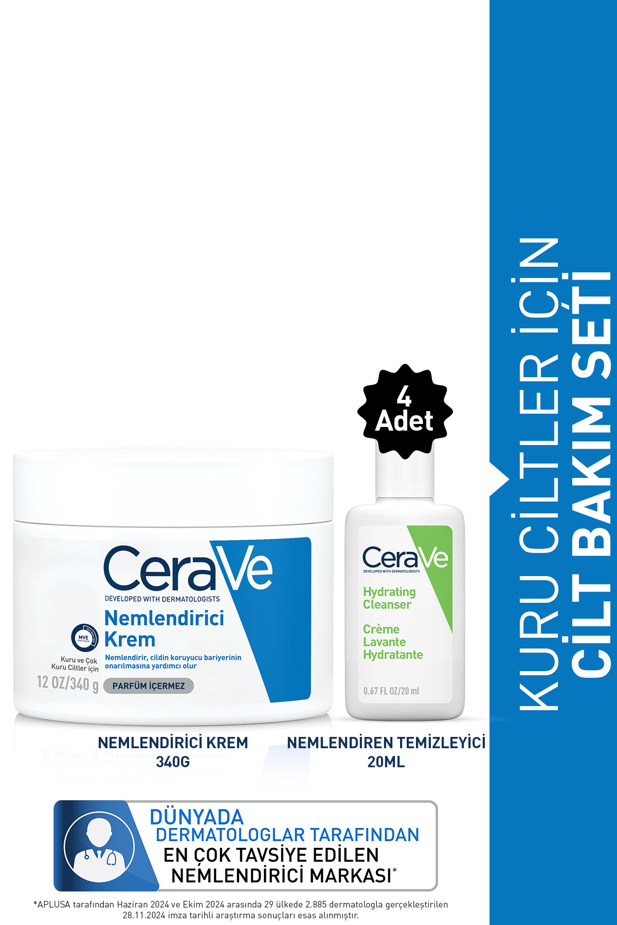 CeraVe Kuru Ciltler İçin Cilt Bakım Seti: Cerave Nemlendirici Krem 340GR & Nemlendiren Temizleyici 20MLx4