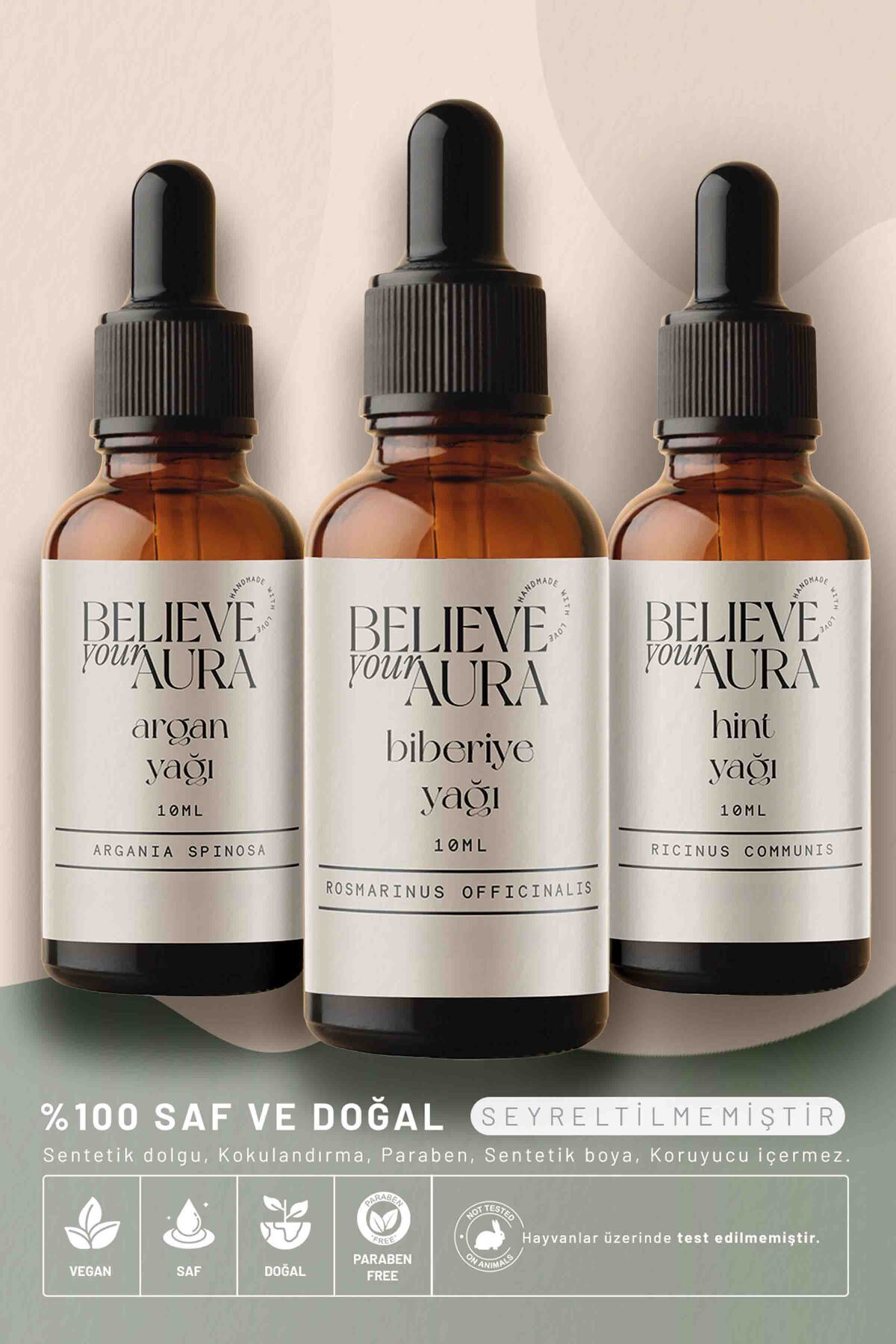 Believe Your Aura Cilt ve Saç Bakım Seti - %100 Saf ve Doğal Hint Argan Biberiye Yağı Cilt ve Saç Bakım Seti - 3x10 ml