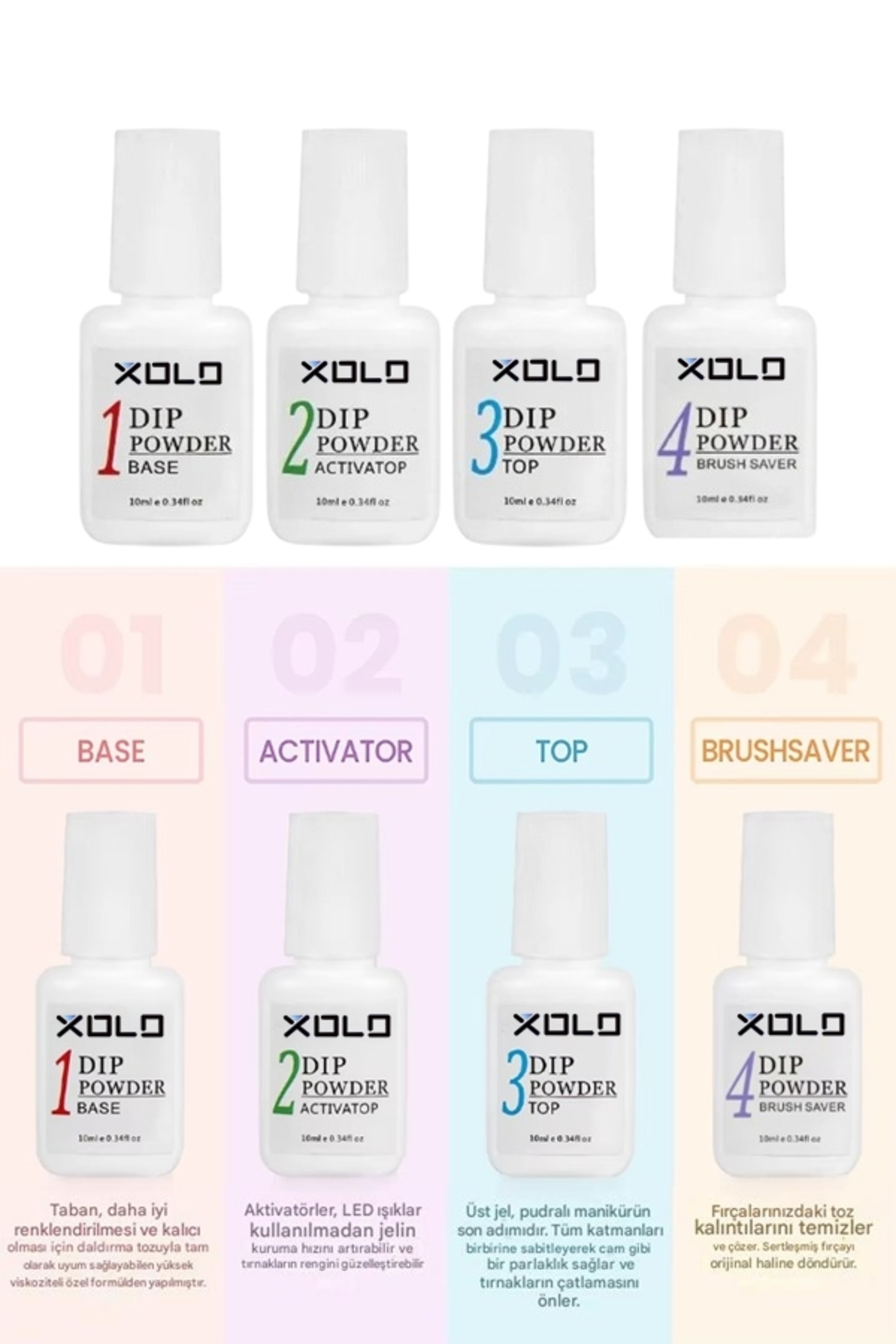 xolo Tırnak Yapma Seti Dip Powder 4lü Set Base Activatop Top ve Brush Saver Set Jel Toz Builder
