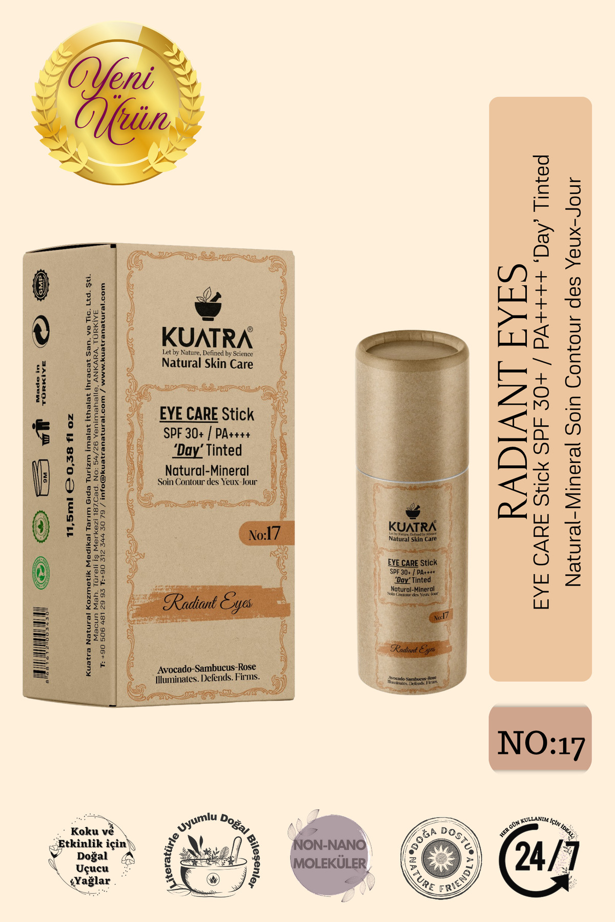 KUATRA Radiant Eyes Göz Çevresi Doğal Mineral Antiaging, Antioksidan Gündüz Bakım Stick SPF 30+ / PA