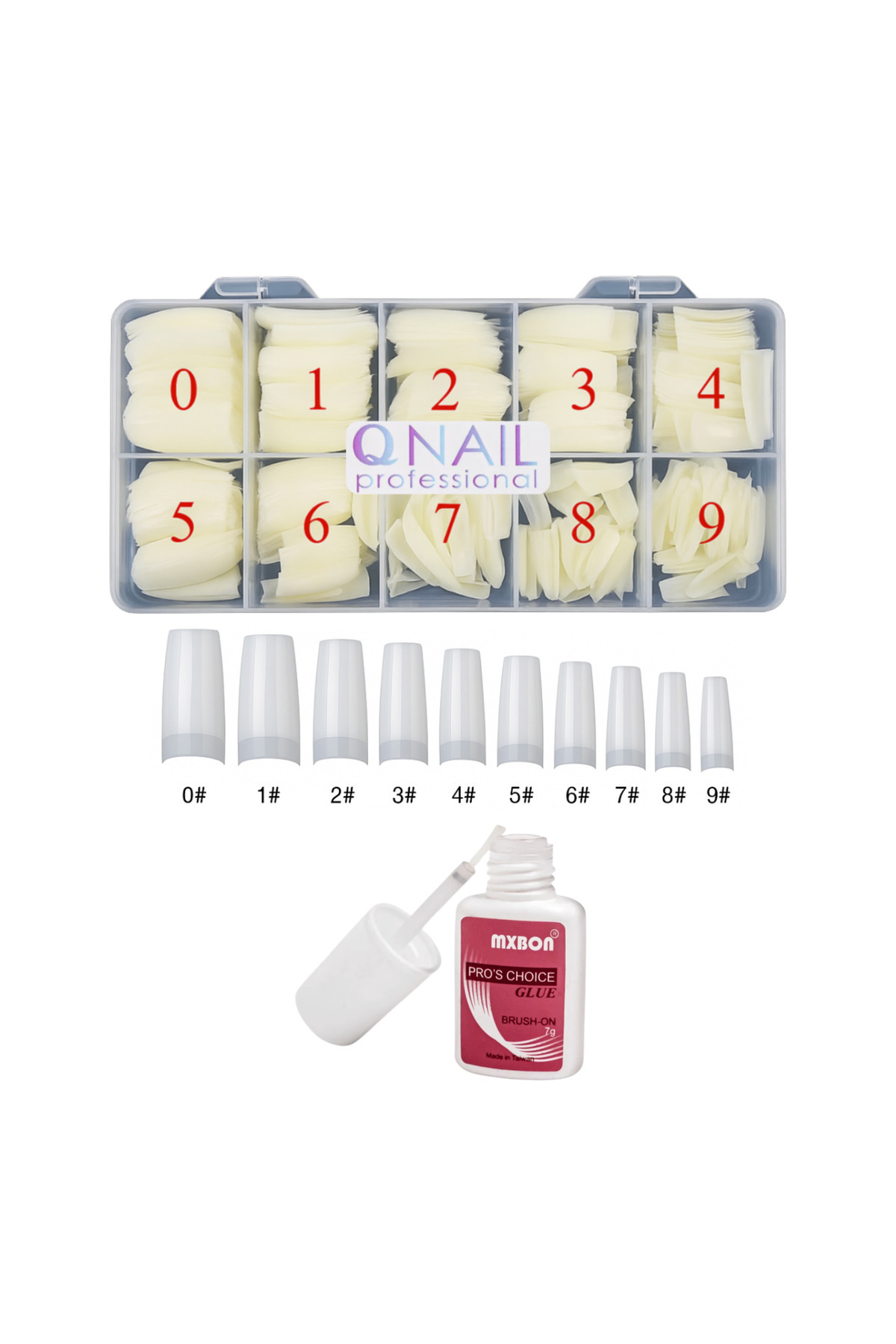 QNAİL PROFESSİONAL Protez Tırnak 500'lü Kemik Yarım Ay Tips- MBQN Fırçalı Protez Tırnak Tips Yapıştırıcı Glue 7gr set.