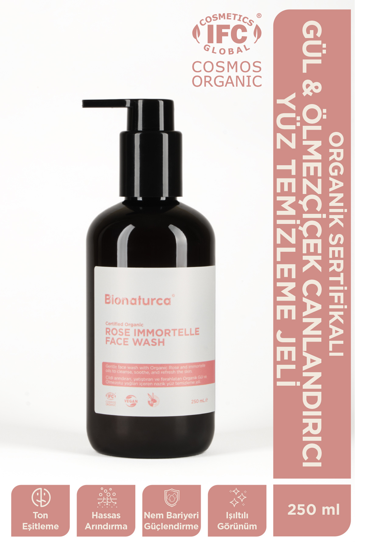 BIONATURCA Organik Sertifikalı Gül & Ölmezçiçek Canlandırıcı Yüz Temizleme Jeli 250 ml -