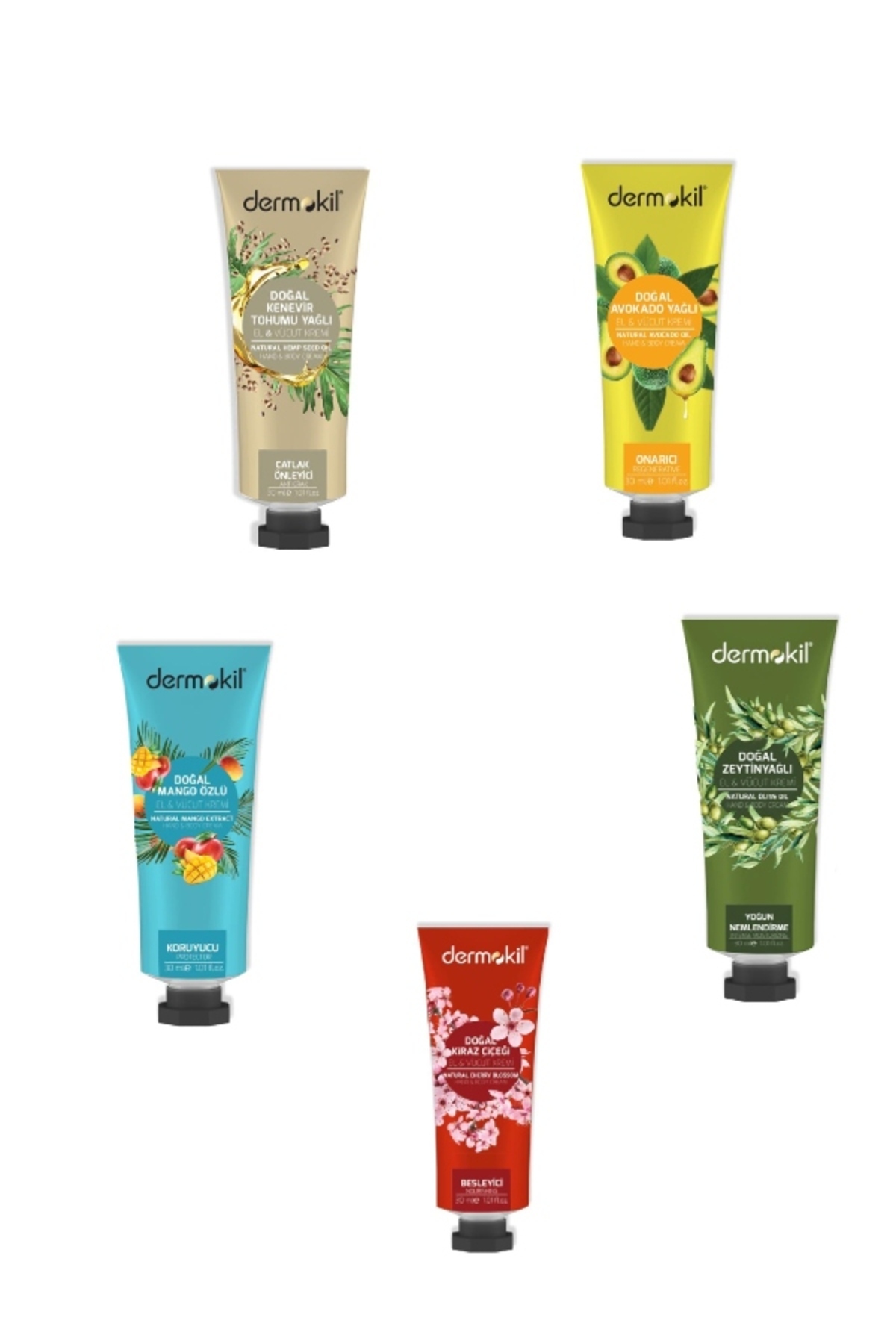 Dermokil 5'li set Kenevir Tohumu+Mango+Kiraz+Avakado+Zeytinyağlı Yağlı El ve Vücut Kremi 30 ml