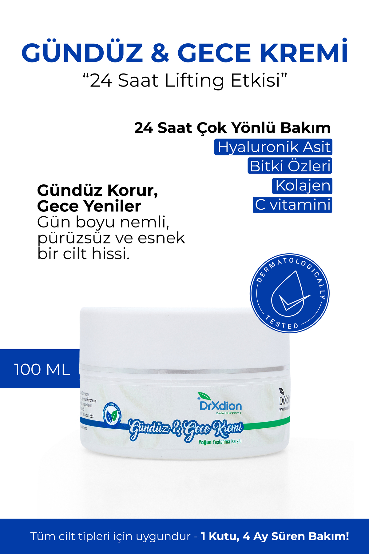DrXdion Lifting Etkili Gündüz & Gece Kremi Yoğun Yaşlanma Karşıtı Kolajen, Hyaluronic Asit, Vitamin C 100ml