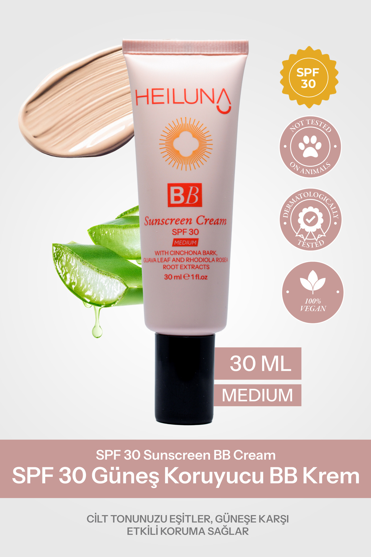 Heiluna SPF 30 BB Krem 30 ml Medium, Niacinamide & Aloe Vera ile Aydınlatıcı, Nemlendirici ve Güneş Koruma