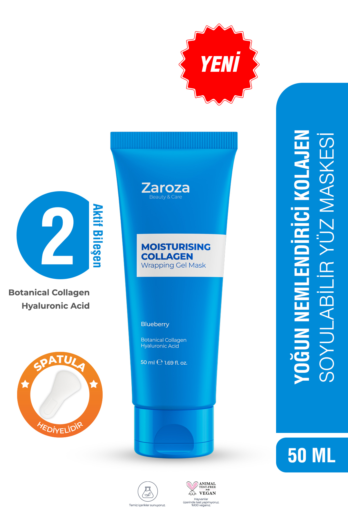 ZAROZA Nemlendirici Kolajen Cam Maske- Hyaluronic Asit, Ceramid, Soyulabilir Jel Yüz Maskesi-Blueberry 50ml