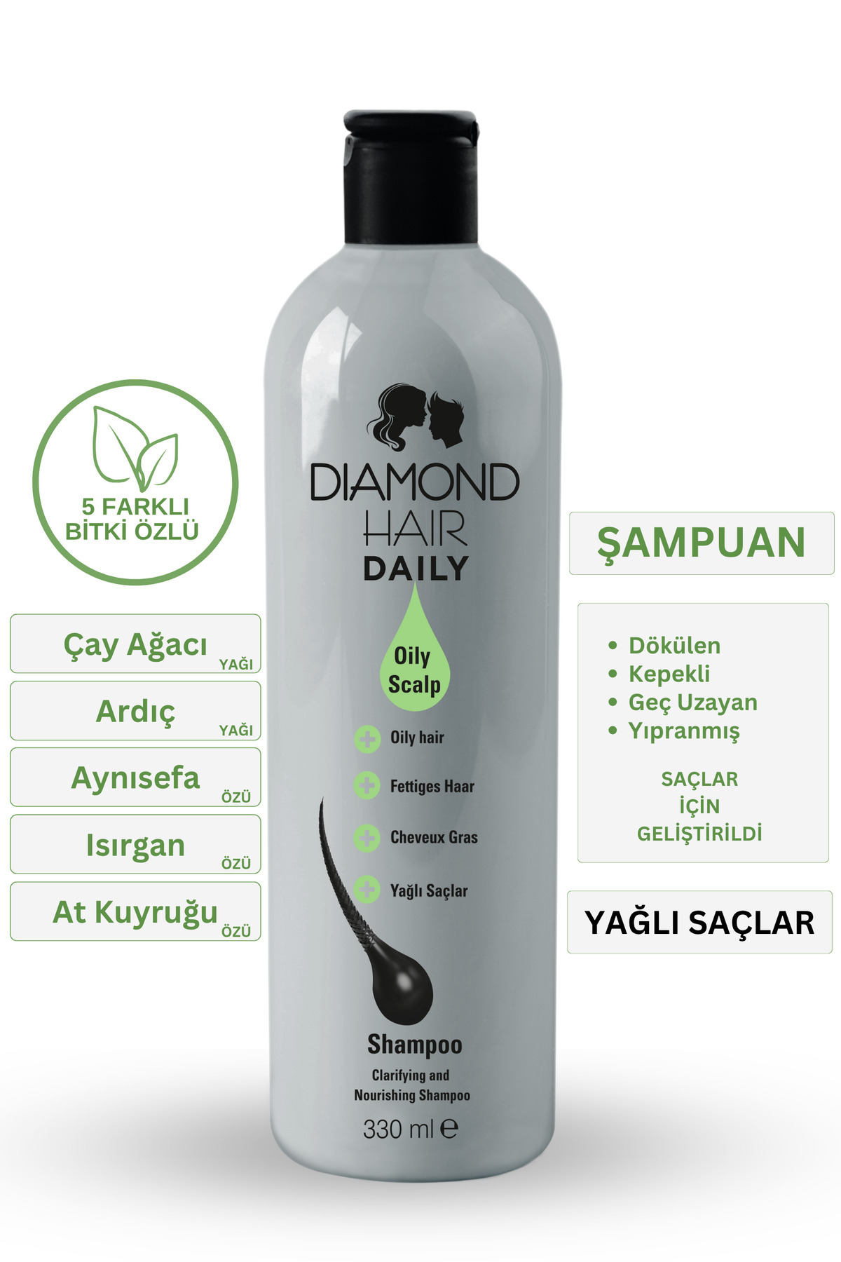 DIAMOND HAIR Yağlı Saçlar Için Kepek, Saç Dökülmesi Ve Yağlanma Karşıtı Arındırıcı Şampuan - Yavaş Uzayan Saçlar