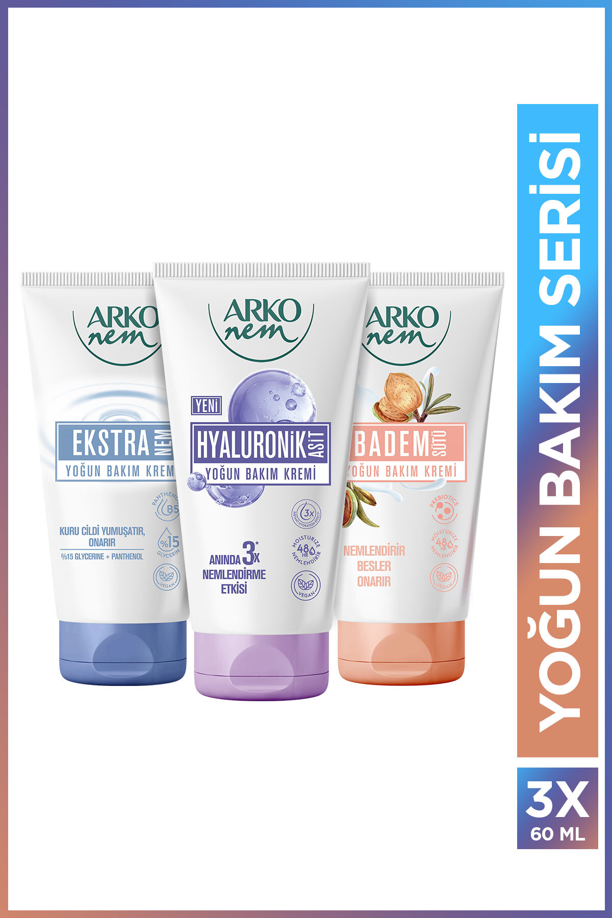 Arko Nem Yoğun Bakım Serisi Hyaluronik,Badem Sütü,Ekstra Nemlendirici Krem 3x60 Ml