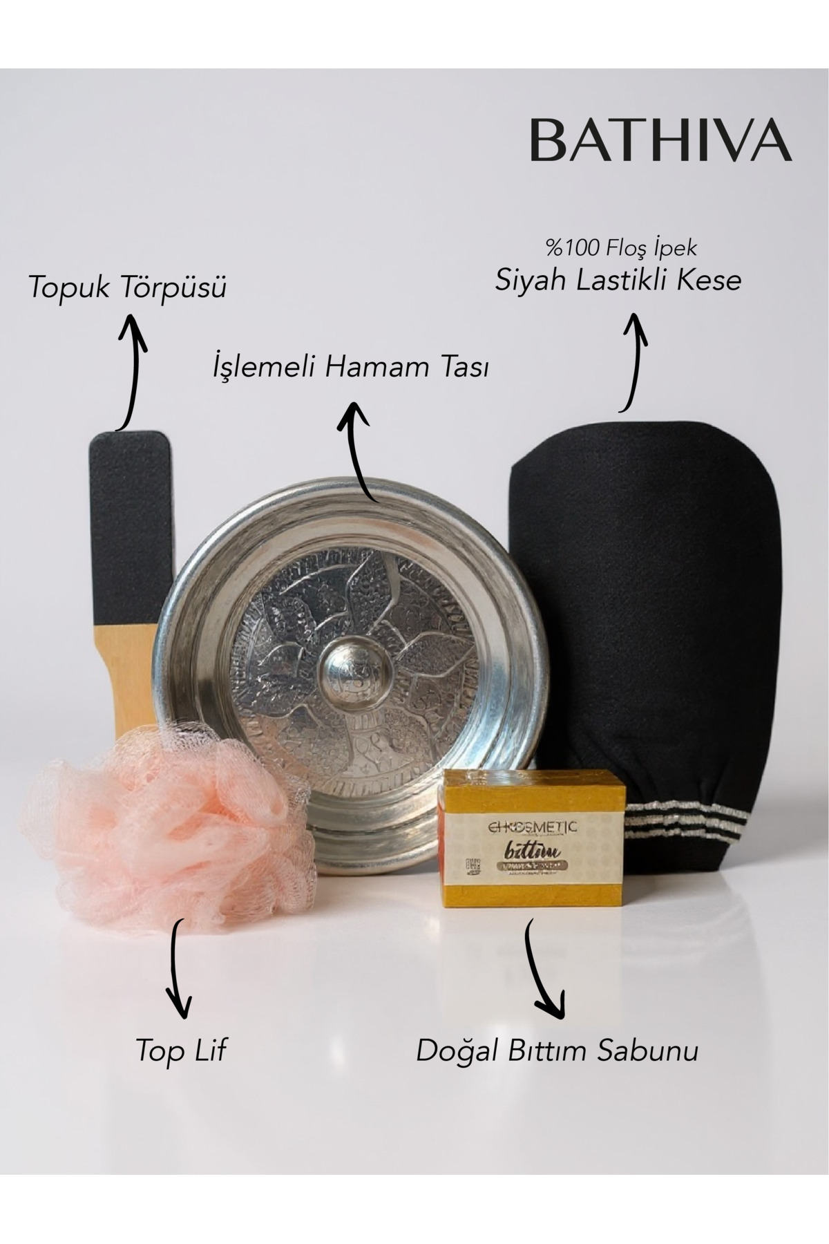 bathiva 5'li Hamam Seti İpek Siyah Banyo Kesesi, Hamam Tası, Bıttım Sabunu, Topuk Törpüsü, Top Lif