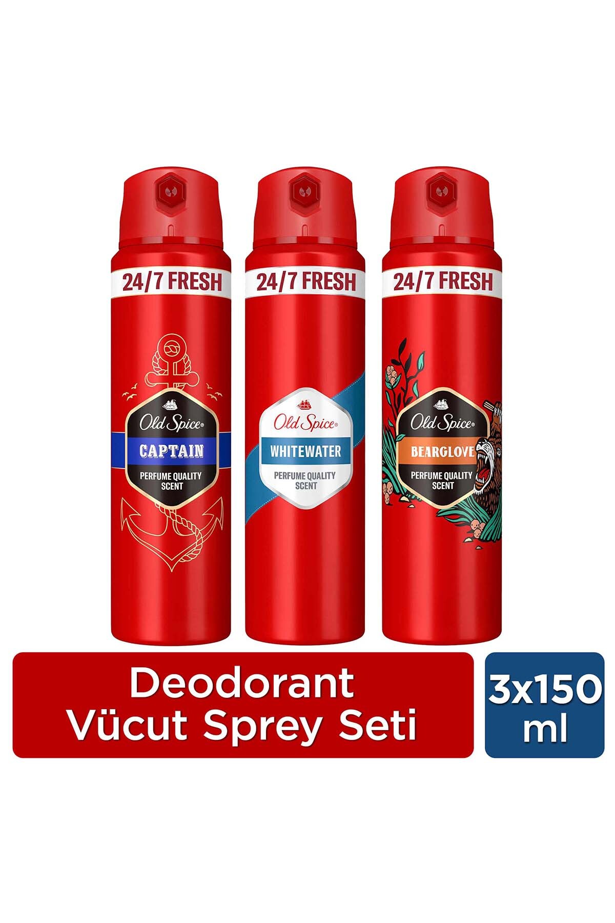 Old Spice Erkek Deodorant Sprey Seti : Captain 150ml, Whitewater 150 ml, bearglove 150 ml