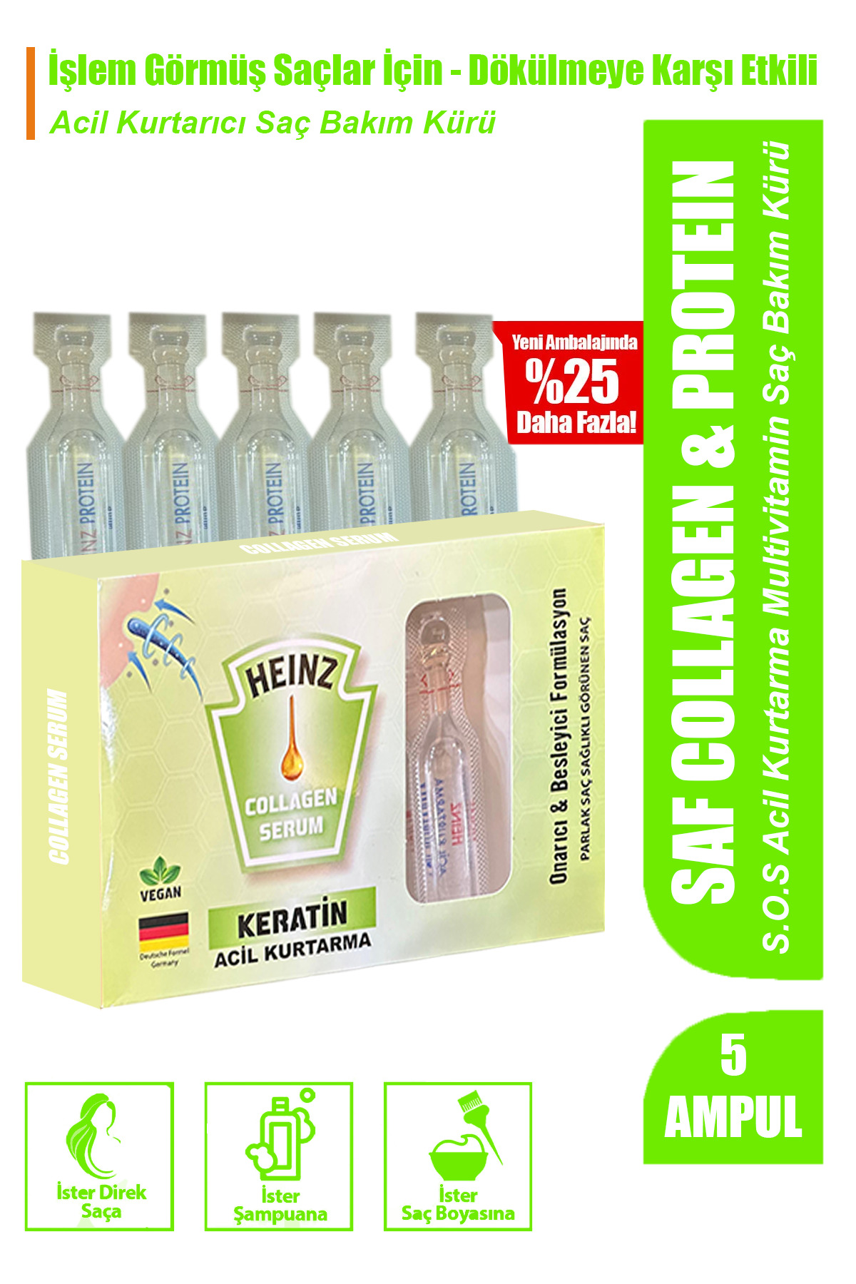Heinz KERATİN Collagen ve Protein Serum Yıpranmış Saçlar Için Şok Bakım & Saç Vitamini 5li Ampul