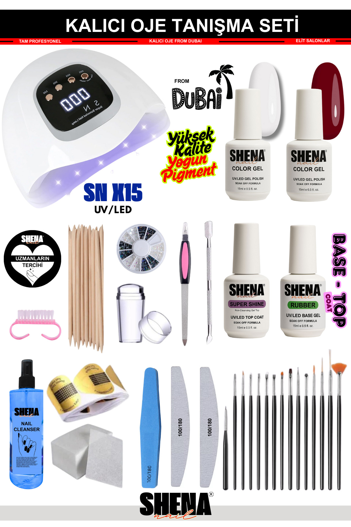 Shena Kalıcı Oje Seti Profesyonel Salon Tanışma Seti (UV LED - BASE TOP COAT - AKSESUARLAR) Dubai