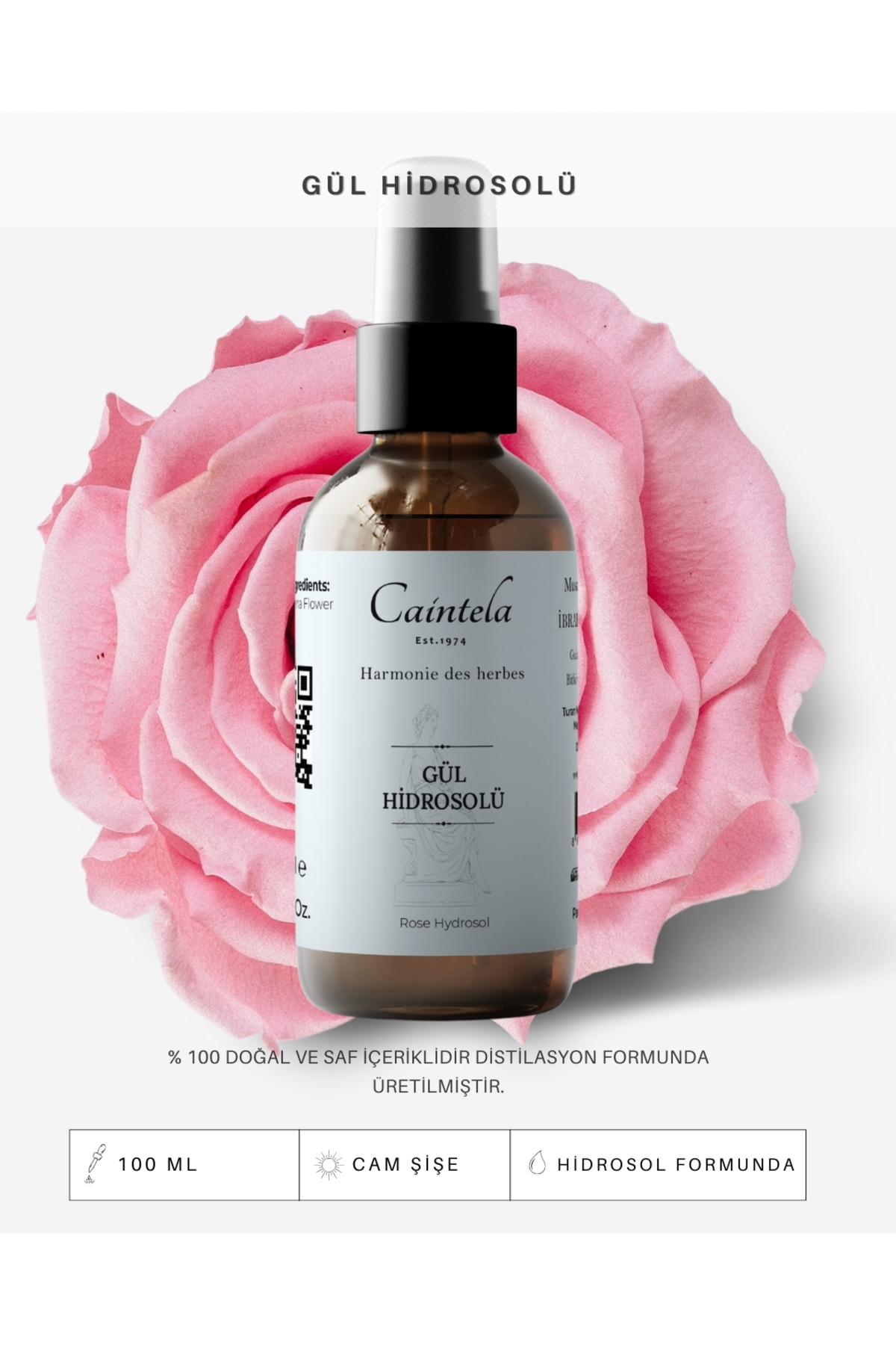 caintela Gül Hidrosolü (Suyu) 100 ml - %100 Doğal ve Saf