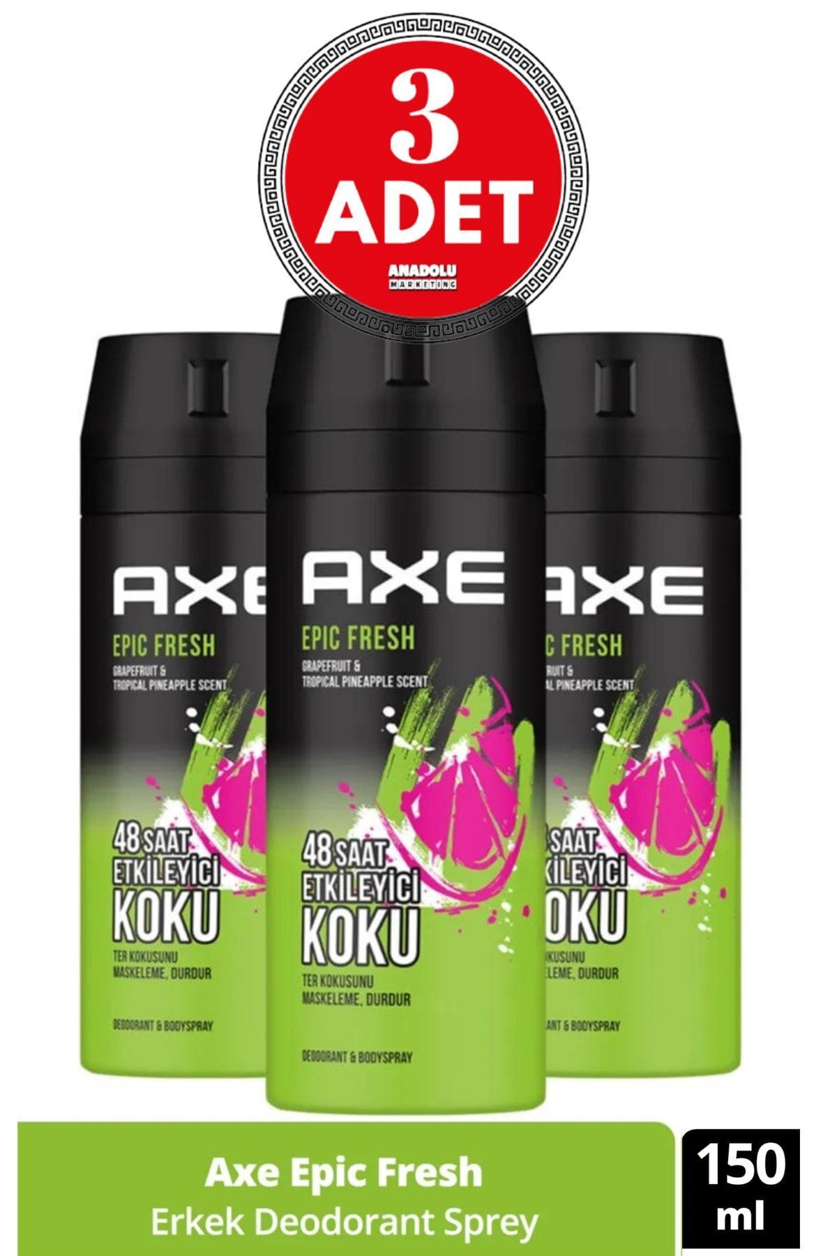 Axe Erkek Deodorant & Bodyspray Epic Fresh 48 Saat Etkileyici Koku 150 ml 3 ADET
