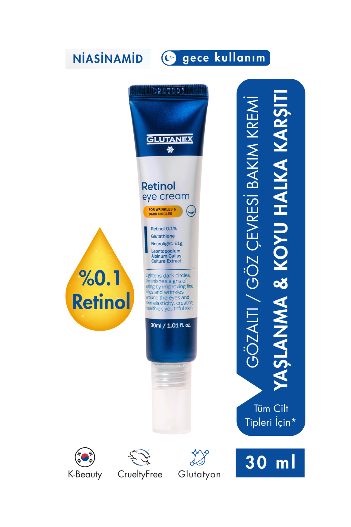 GLUTANEX Retinol Eye Cream | Retinol Glutatyon Neurolight İçerikli Göz Altı Kremi 30ml — Kırışıklık Karşıtı