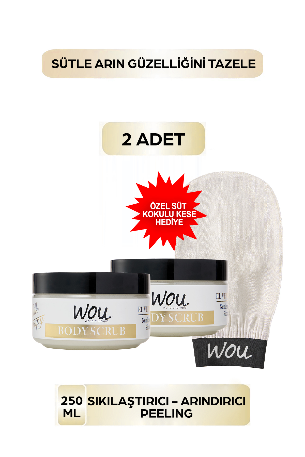 WOU World of Unique 2li Milk Therapy Body Scrub 250Ml Peeling Özel Süt Kokulu Kese