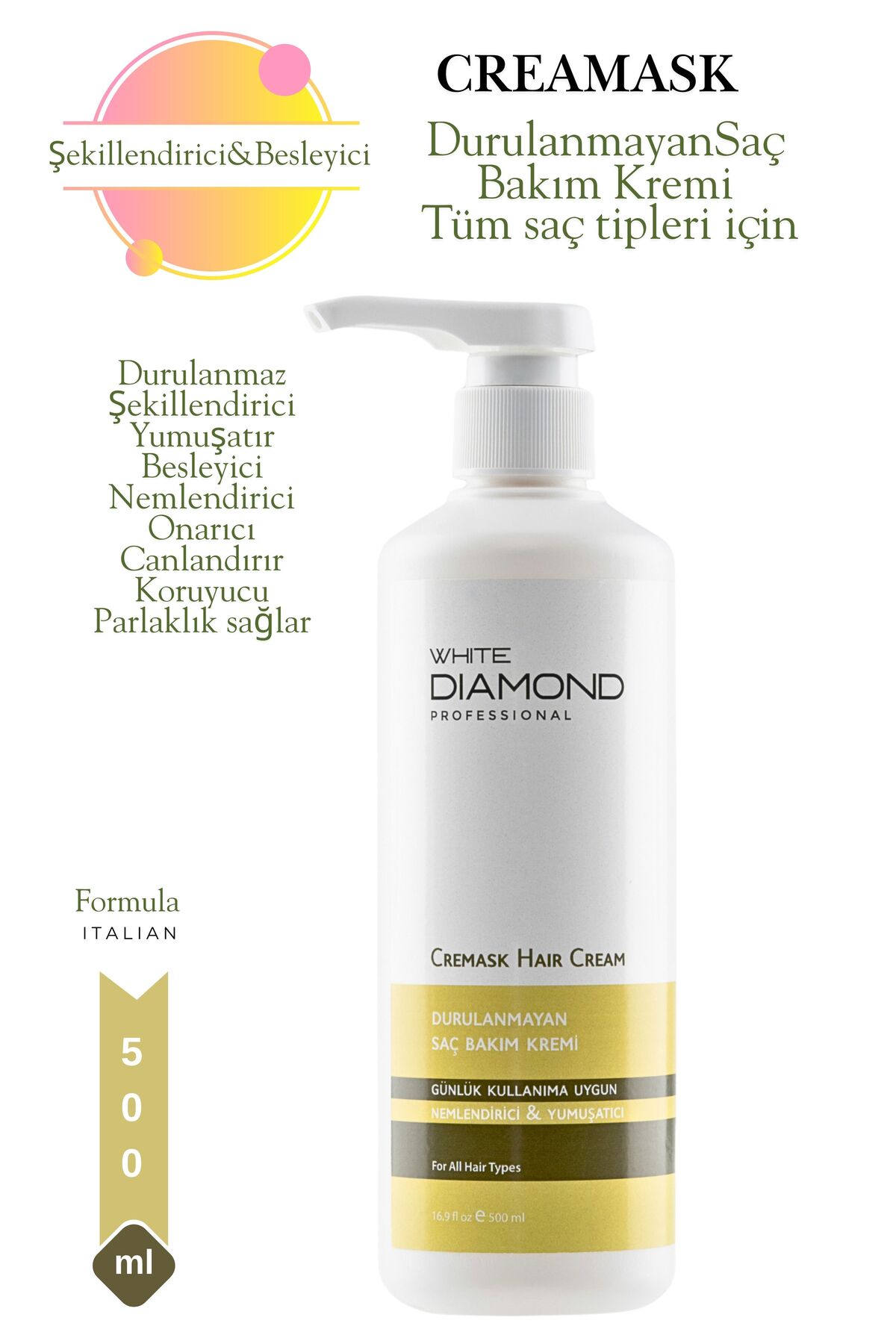 WHİTE DİAMOND Durulanmayan Saç Şekillendirici, yumuşatıcı, onarıcı, parlaklık veren bakım kremi 500 ml